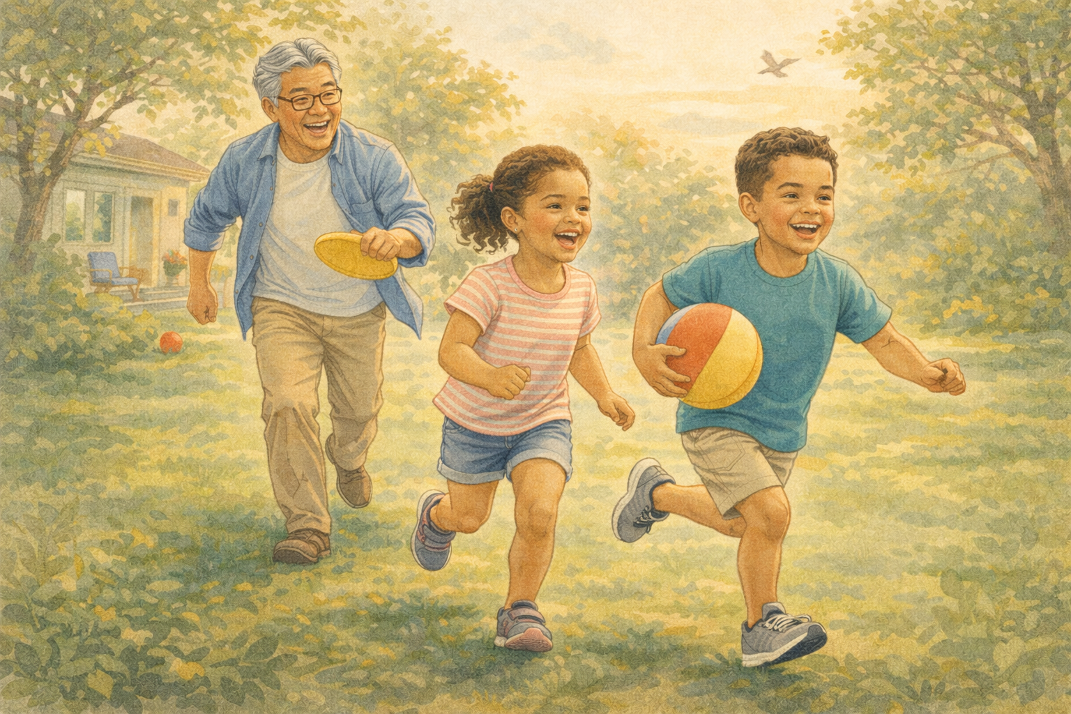 Arivu Physical Therapy. Older man running in the backyard with children playing.
