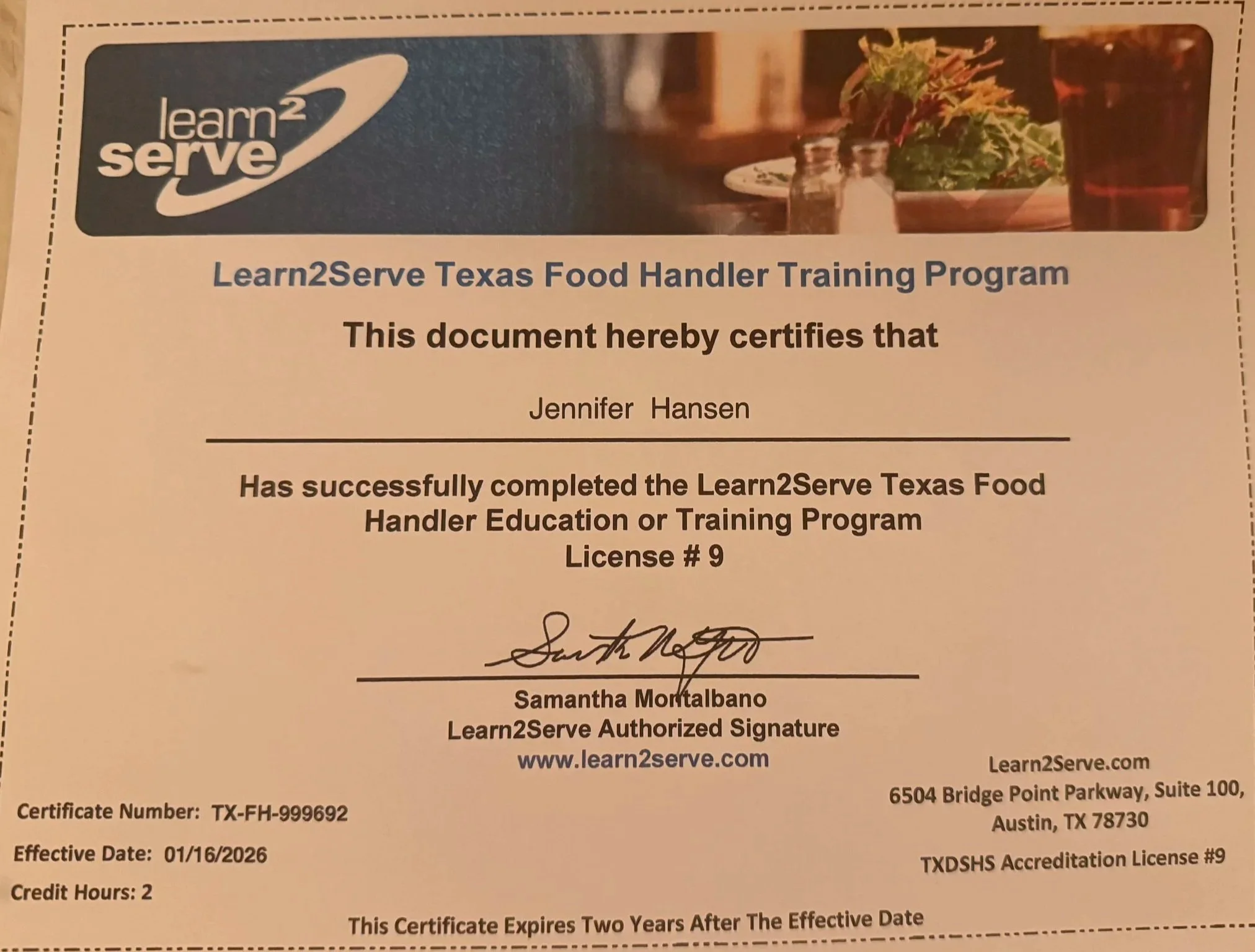 Texas Food Handler Certification for Charcuterie Chic catering services in San Antonio