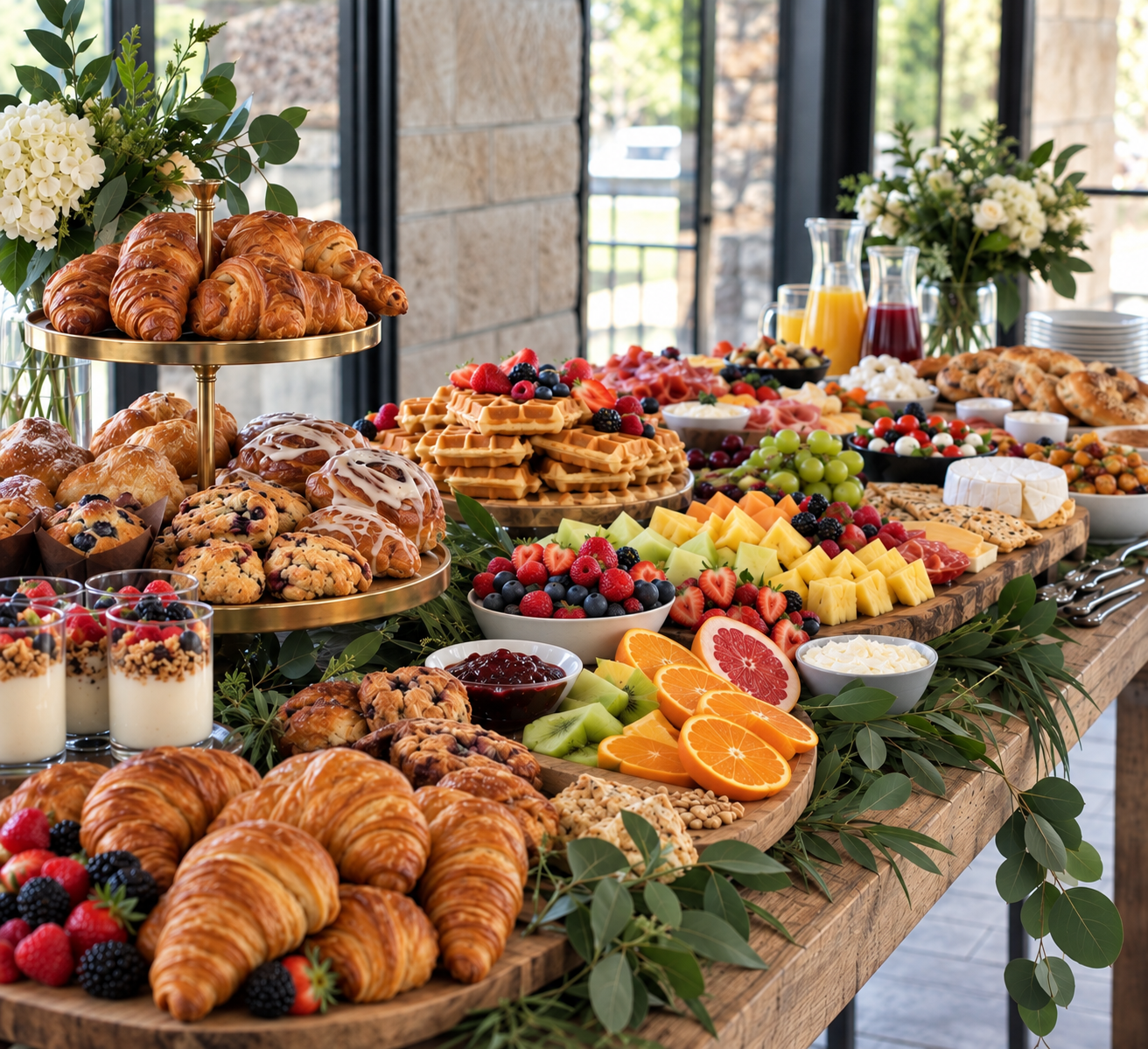 Brunch grazing table with croissants, waffles, fresh fruit, cheeses, charcuterie and yogurt parfaits for catered events in San Antonio.