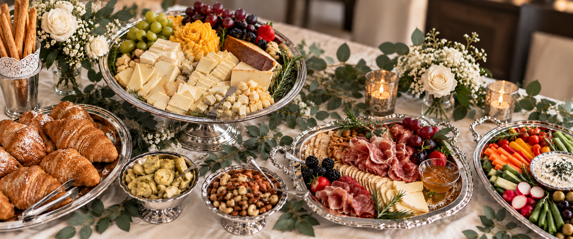 Elegant silver grazing table with artisan cheeses, charcuterie, fresh fruit, vegetables, croissants and floral accents for weddings and events in San Antonio.