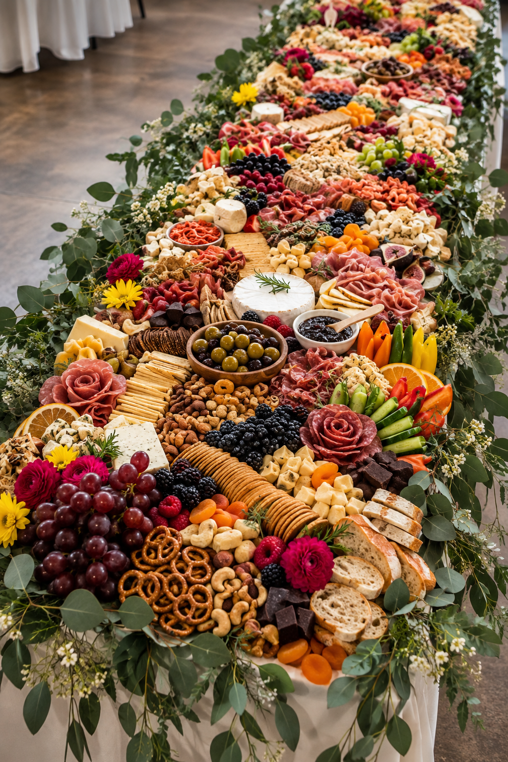 Elegant charcuterie grazing table with artisan cheeses, cured meats, fresh fruit, crackers, nuts, vegetables and floral greenery for a catered event in San Antonio.