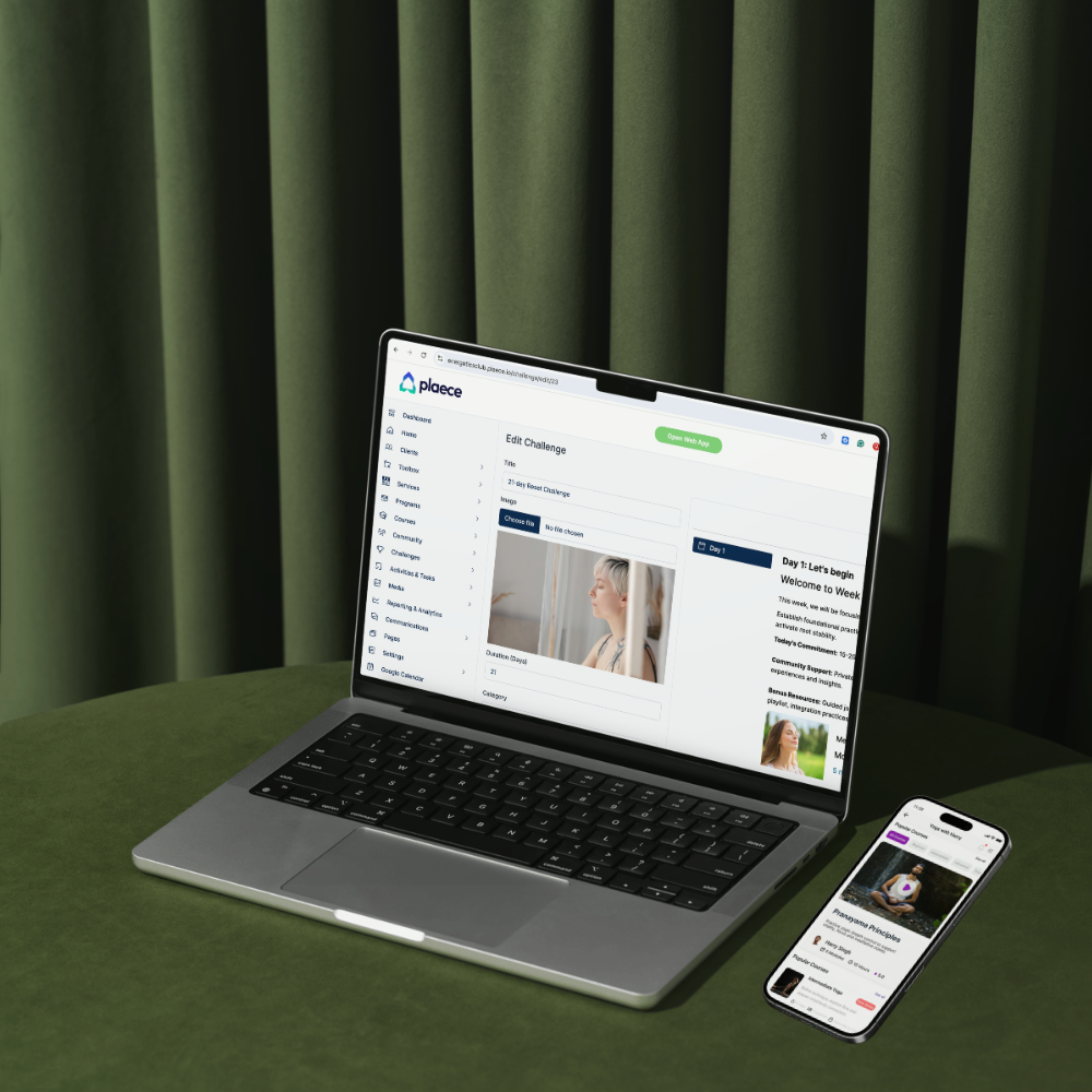 A laptop and smartphone on a green table, showing a digital platform called Placee for managing challenges, with the laptop displaying an 'Edit Challenge' page and the smartphone displaying a profile page of a woman practicing yoga outside.