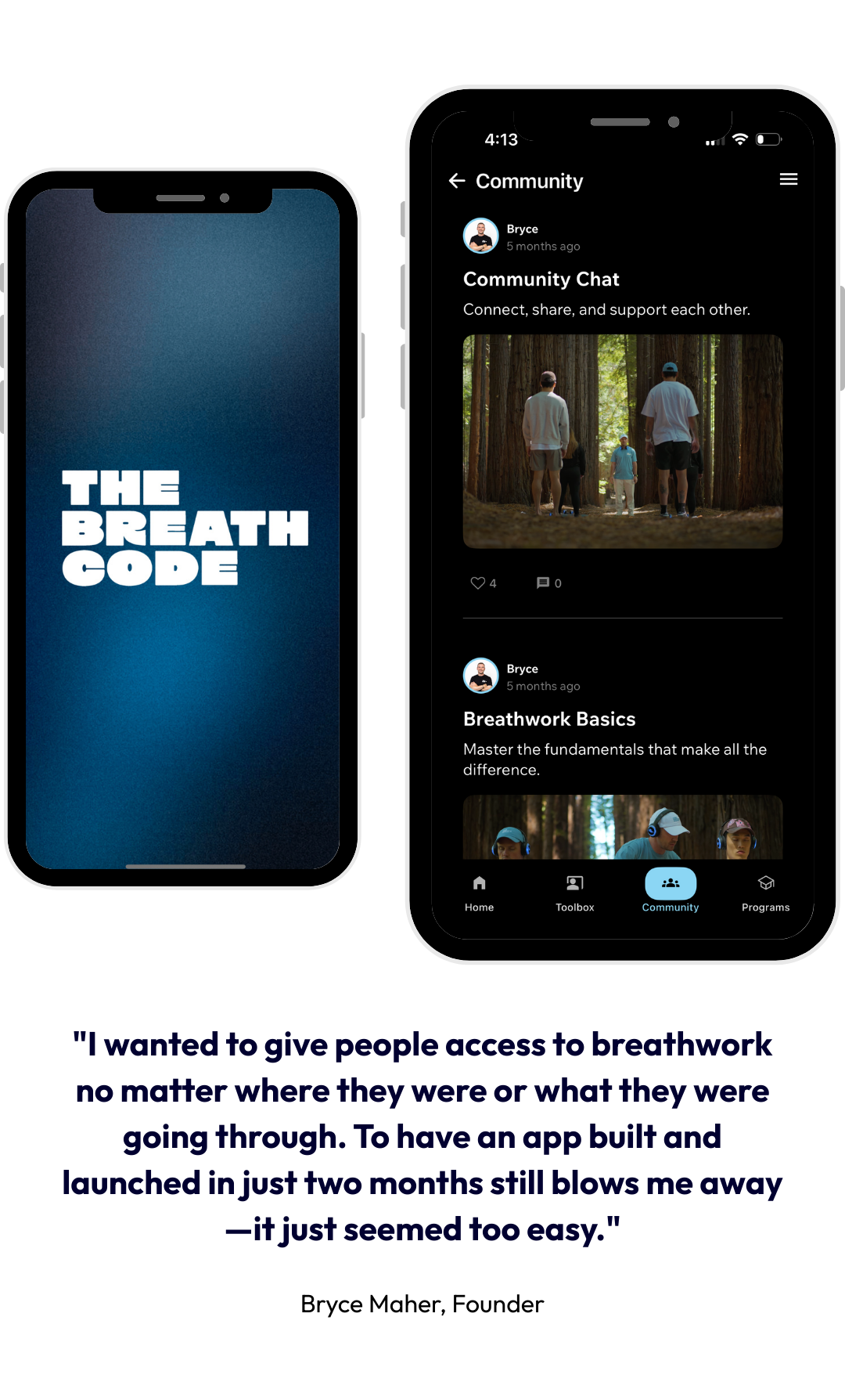 Smartphone screens displaying a Plaece client and app called 'The Breath Code' with a quote about breathwork from Bryce Maher, founder, and a community chat interface showing people walking in a forest.