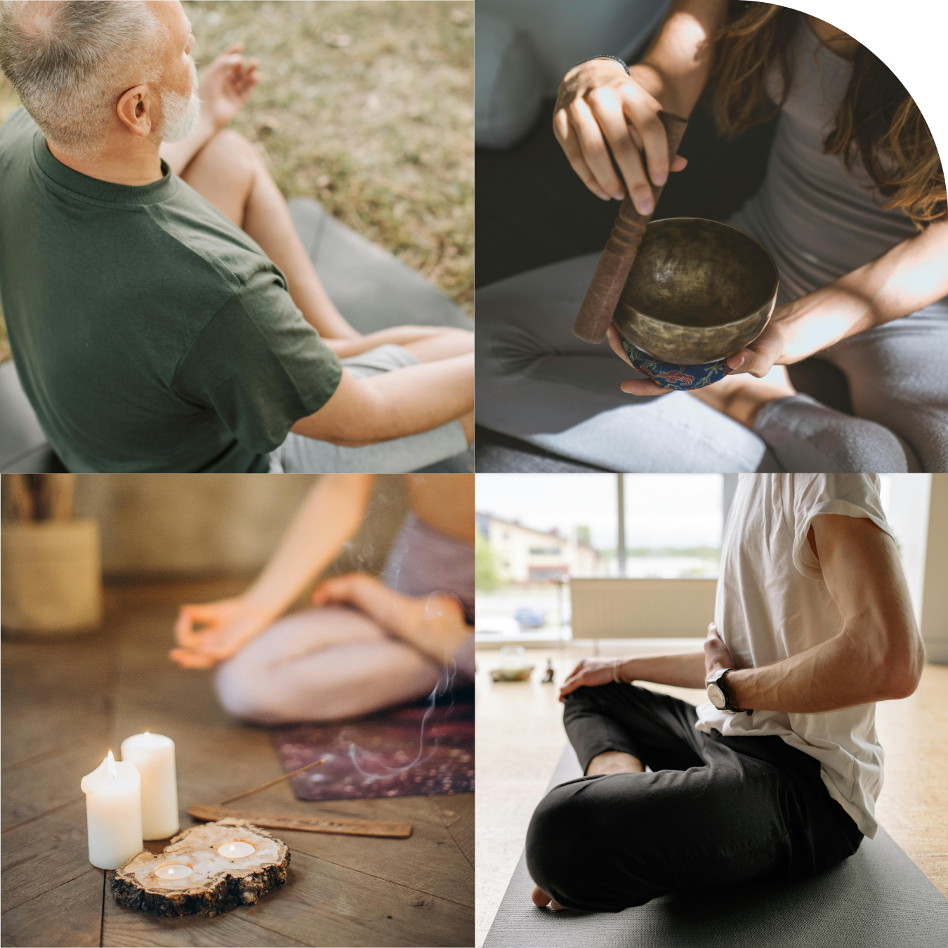 Four images showing people practicing meditation, mindfulness, or yoga in different settings, including outdoors and indoors.