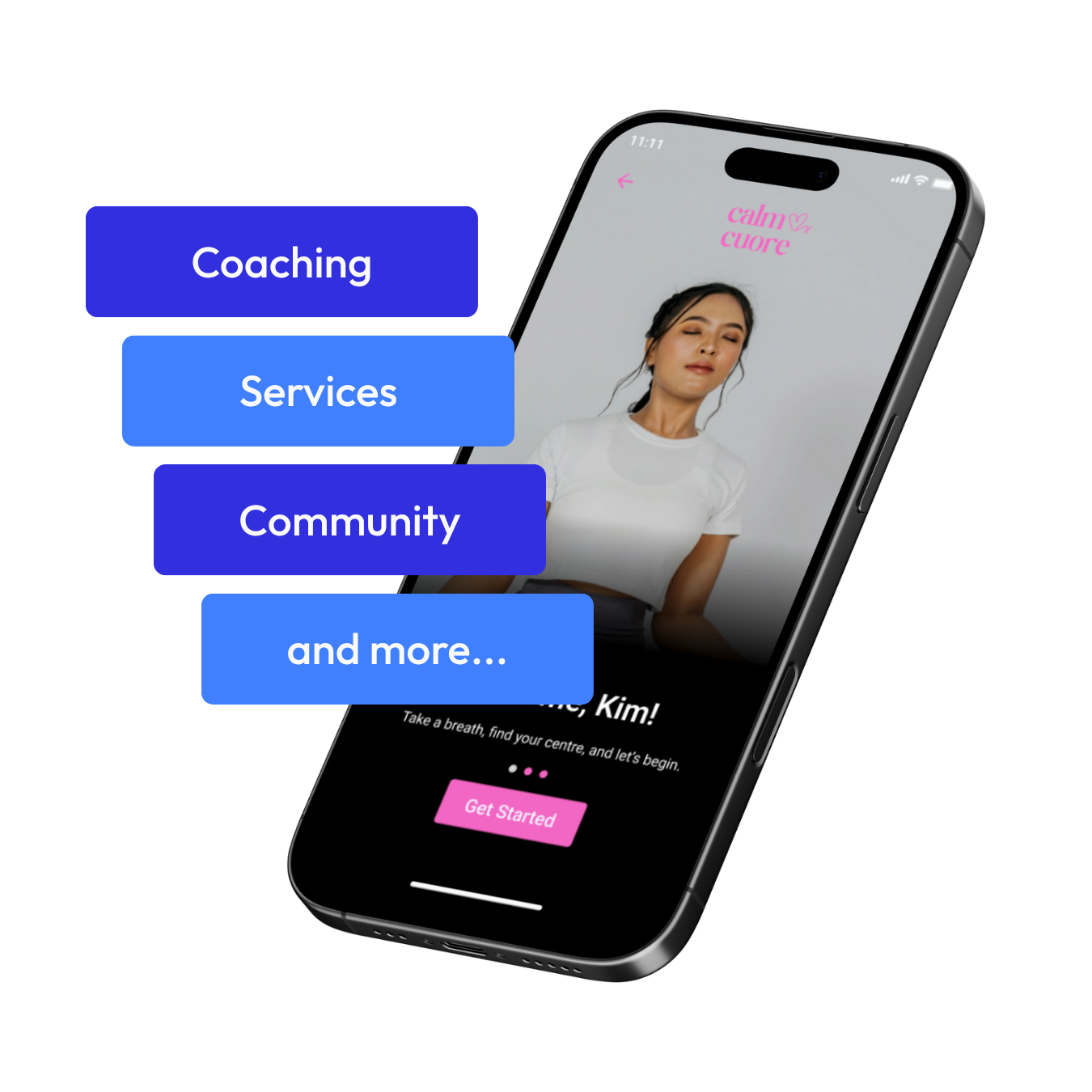 A smartphone displaying a woman with closed eyes, with the text 'calm cuore' above her. Blue speech bubbles list options: 'Coaching', 'Services', 'Community', and 'and more...'
