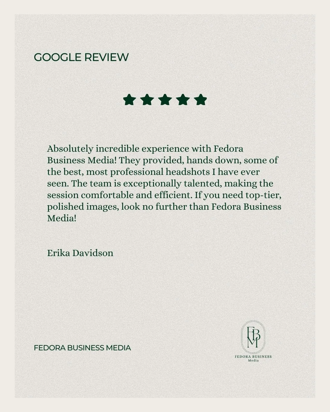 There&rsquo;s nothing more rewarding than hearing our clients walk away feeling confident in both the experience and the final result.

Thank you, Erika, for trusting Fedora Business Media with your professional headshots and for taking the time to l