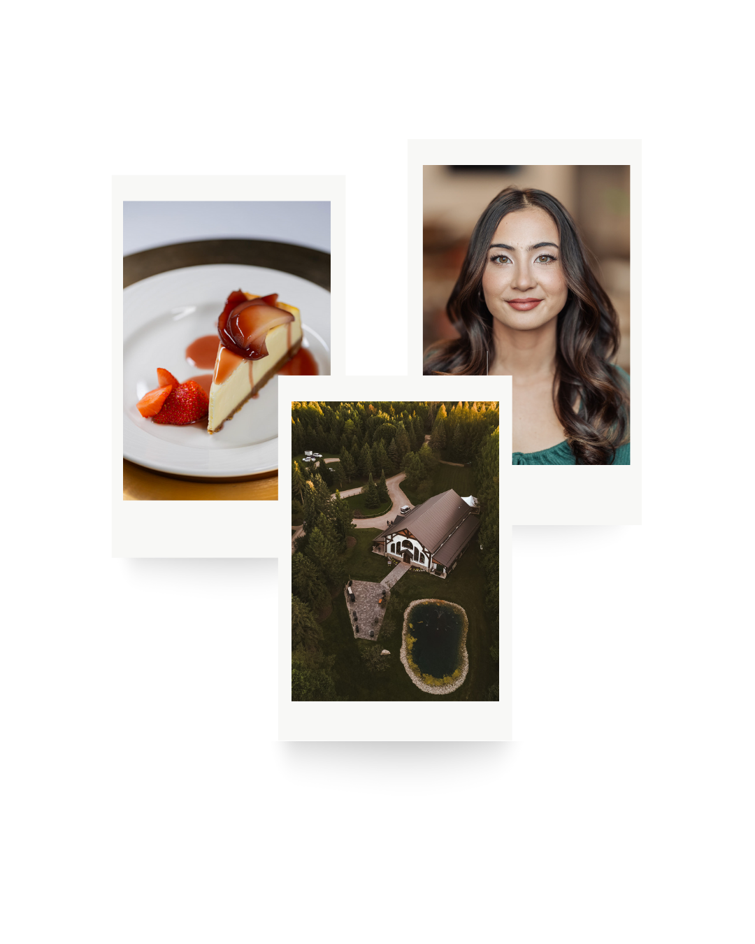 A collage of four images: a slice of cheesecake with strawberries, a portrait of a woman with dark hair, an aerial view of a house and pond surrounded by trees, and a forested landscape at sunset.