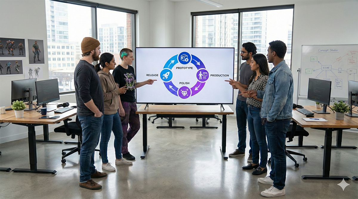 Group of diverse young people presenting a product development process diagram on a large screen in a modern office.