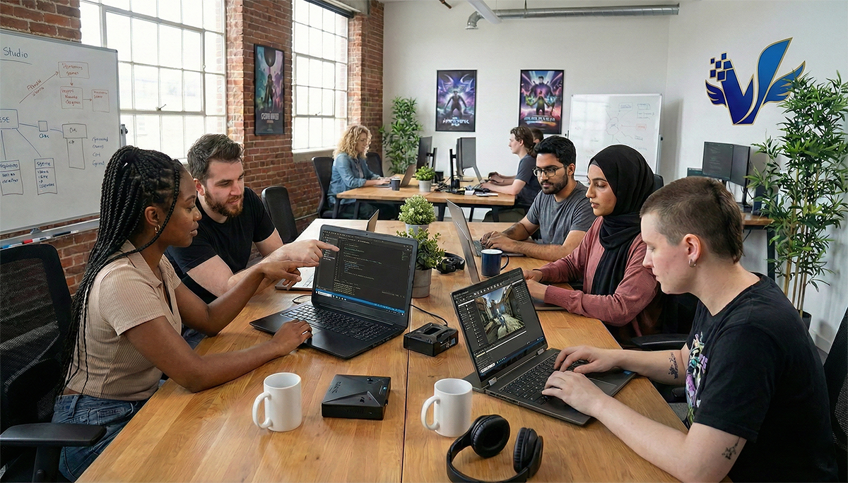A diverse group of young people working together in a modern indue studio office with laptops, coffee mugs, and whiteboards, engaging in a collaborative meeting.