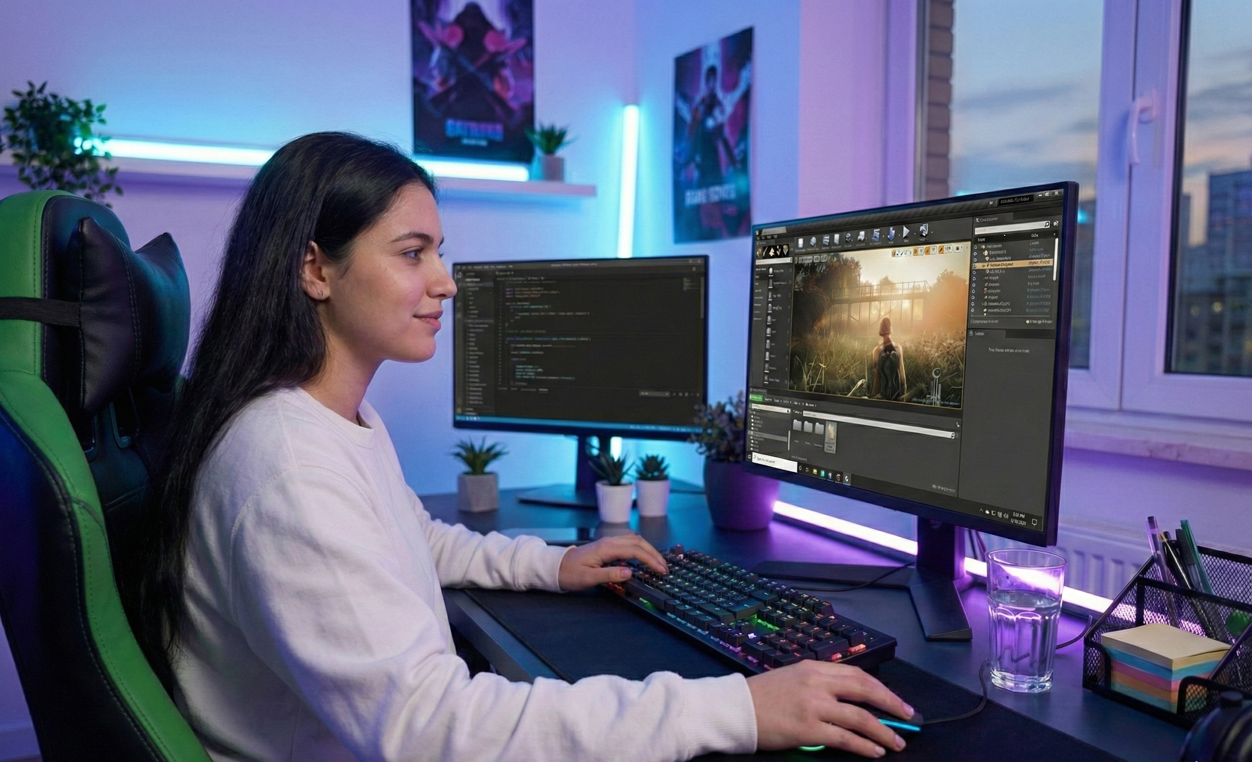 A woman working at a desk with dual monitors, one showing coding and the other showing a scene from a video game or digital art. The desk has plants, a glass of water, and office supplies, with a sunrise or sunset visible through the window.