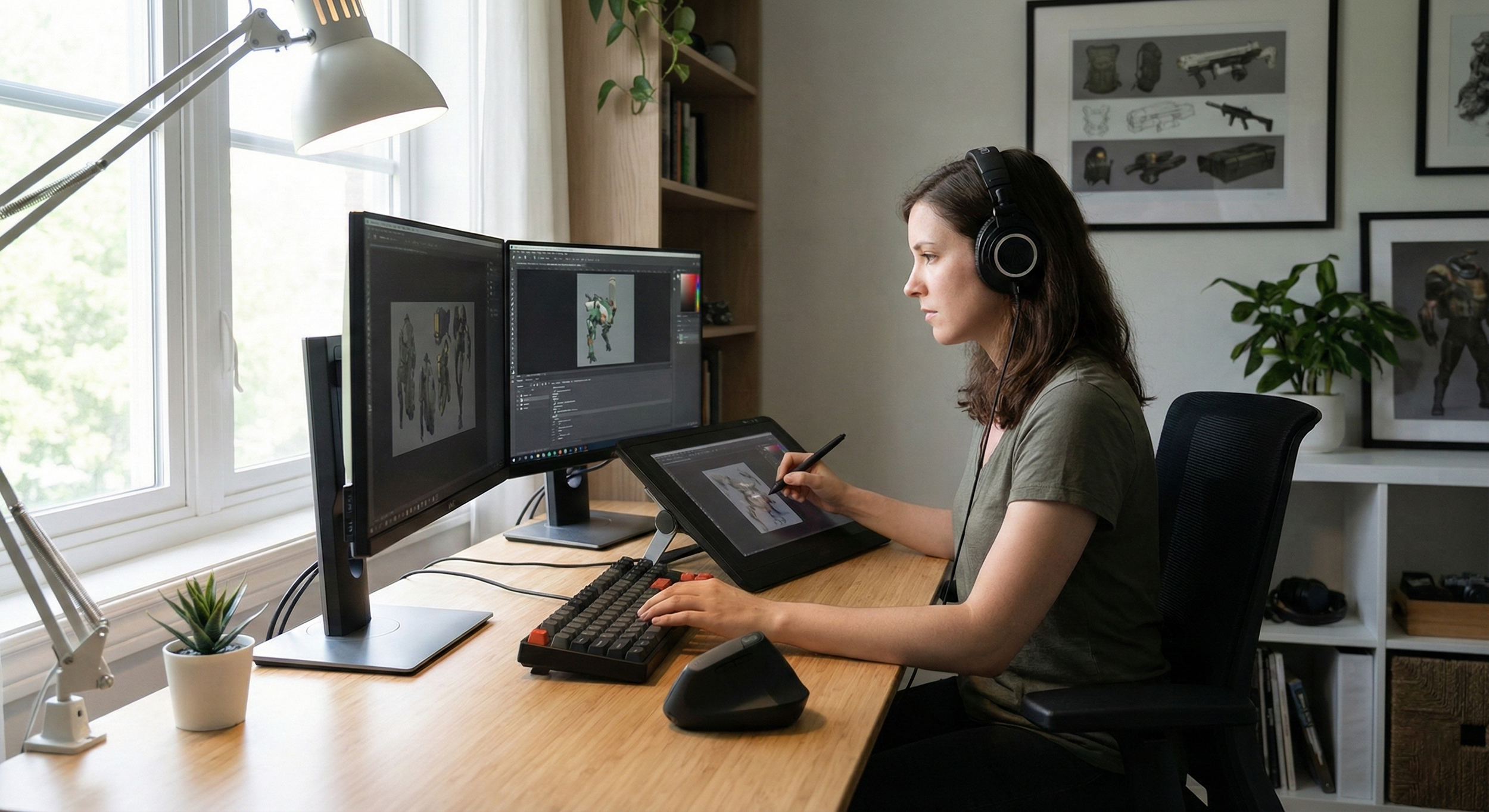 Woman working at a desk with dual monitors, a drawing tablet, and from home, creating illustrations of animals.