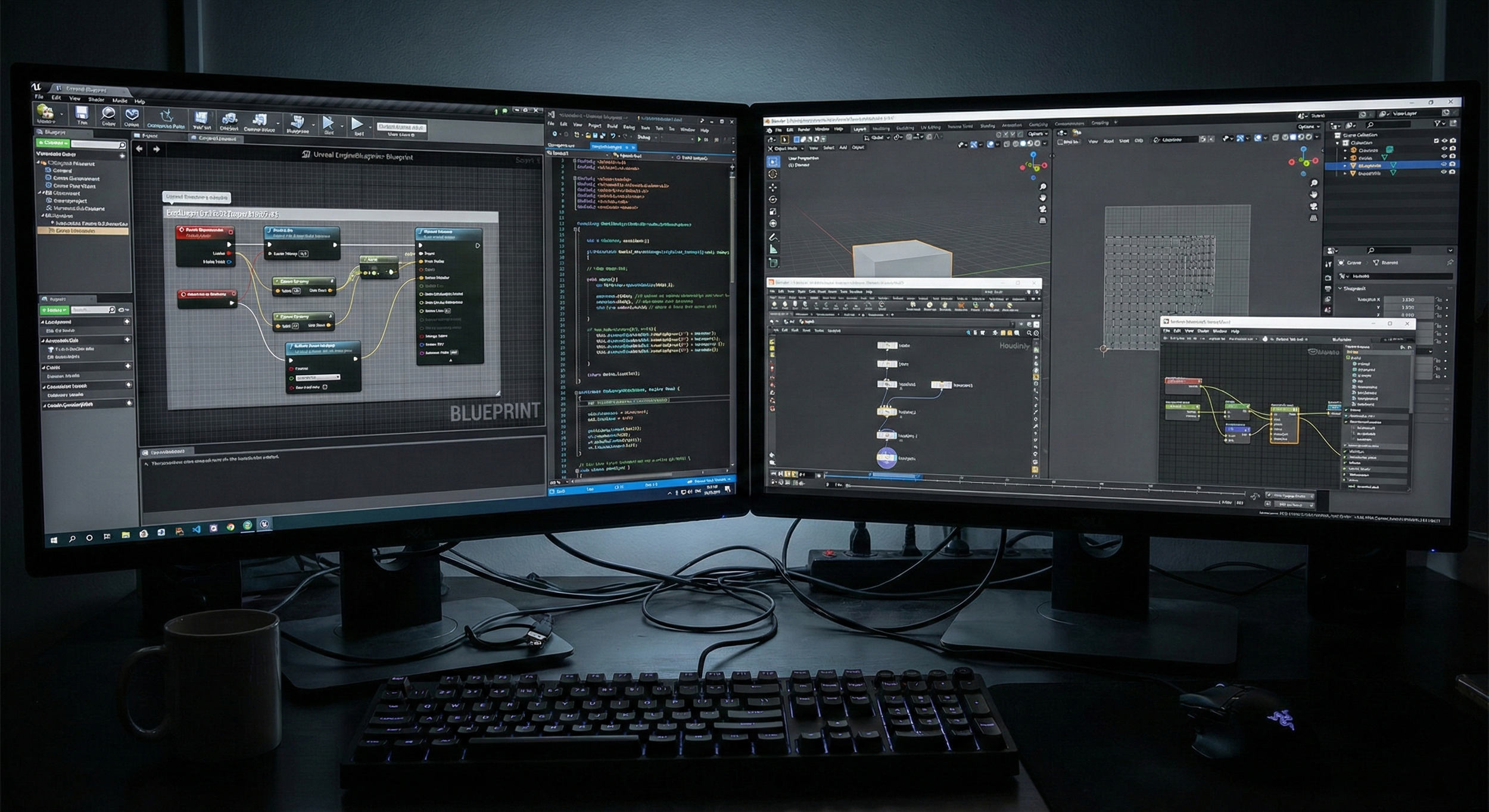 Two widescreen computer monitors displaying the Unreal engine and programming software, with a keyboard, mouse, and coffee mug on the desk.