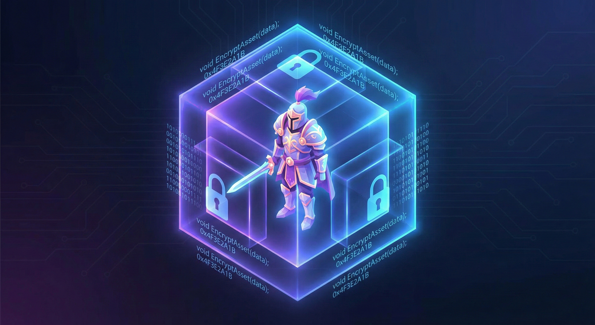 Digital illustration of a medieval knight in armor holding a sword inside a glowing holographic 3D cube with lock icons and binary code surrounding it.