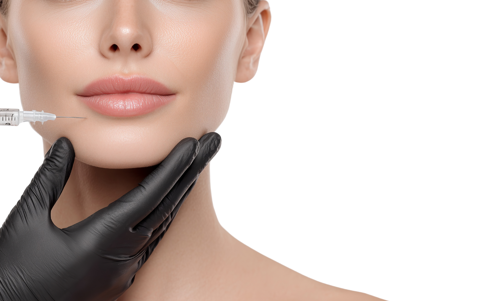 A woman receiving a cosmetic facial injection, with a healthcare professional wearing black gloves holding her chin, against a background with text on a purple and gray rectangle.