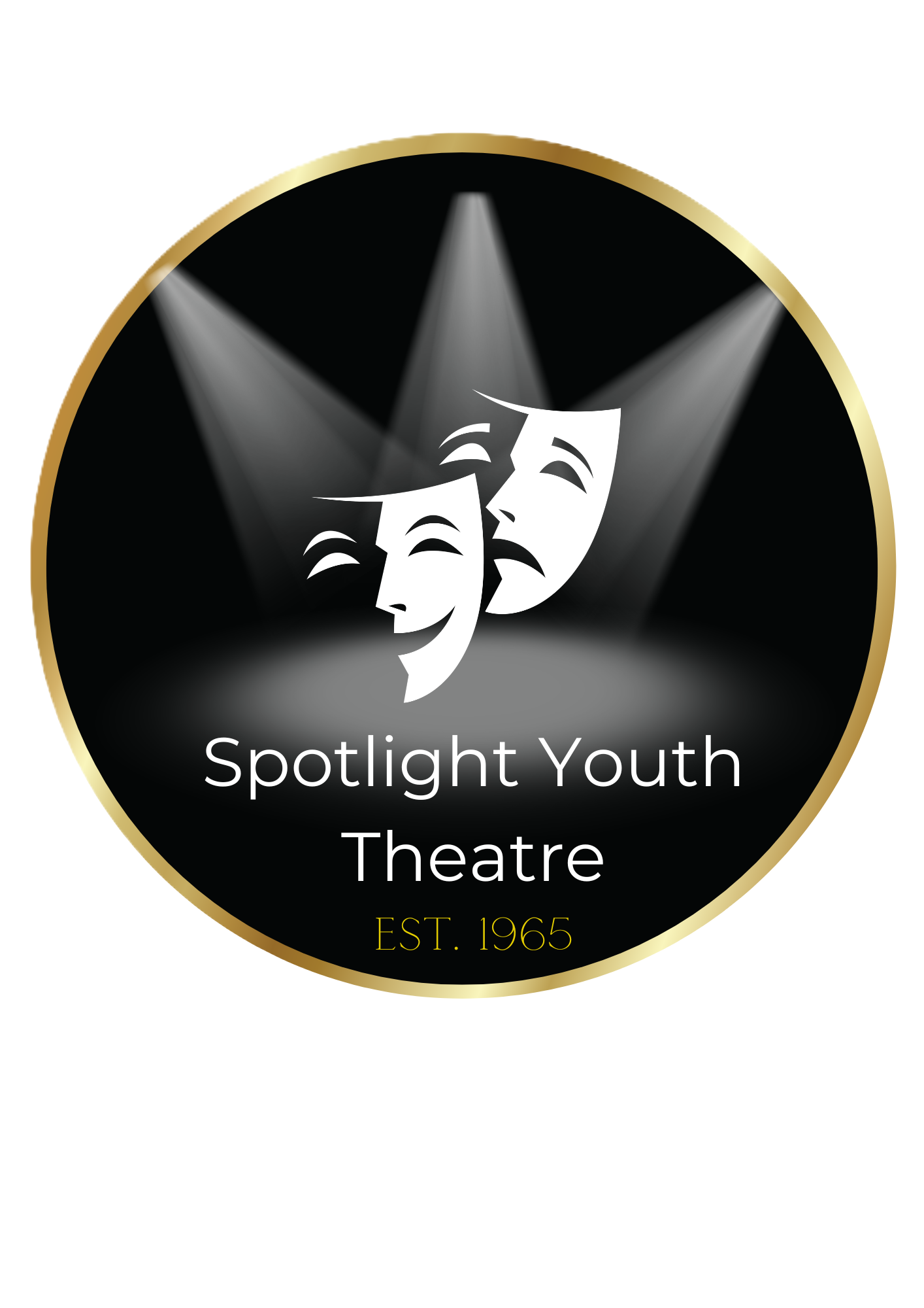 Logo for Spotlight Youth Theatre featuring two theatrical masks in black and white with spotlights shining on them, and text "Spotlight Youth Theatre EST. 1965".