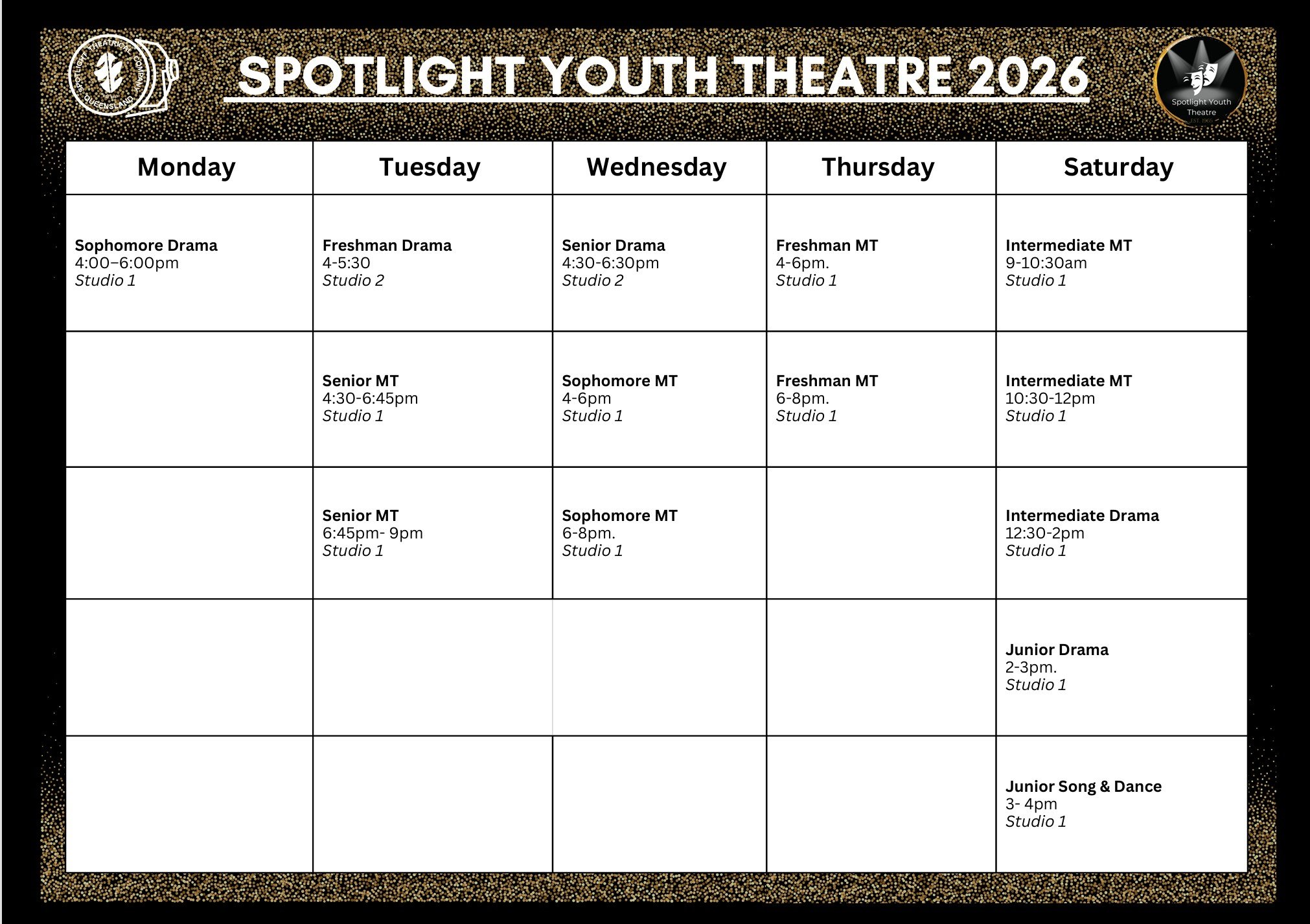 Schedule for Spotlight Youth Theatre 2026, with classes for different age groups from Monday to Saturday, including times, course titles, and studio information.