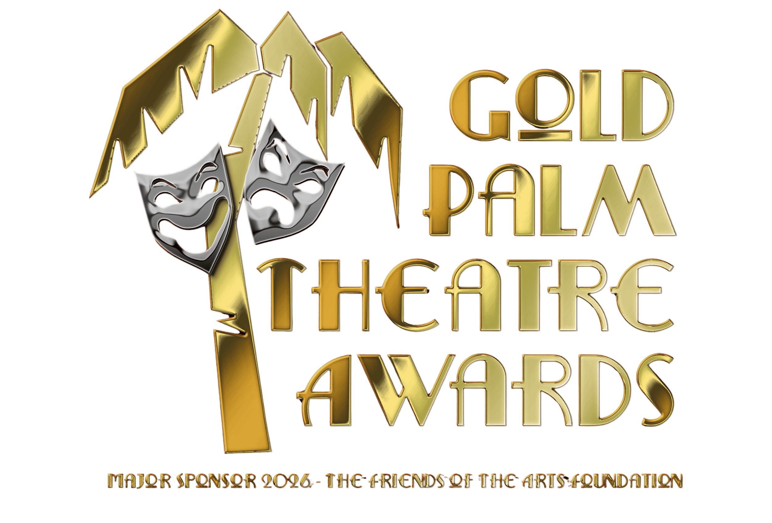Gold and silver theatrical masks and text that reads 'Gilded Philanthropy Awards' with additional text mentioning sponsorship and a charitable foundation event.