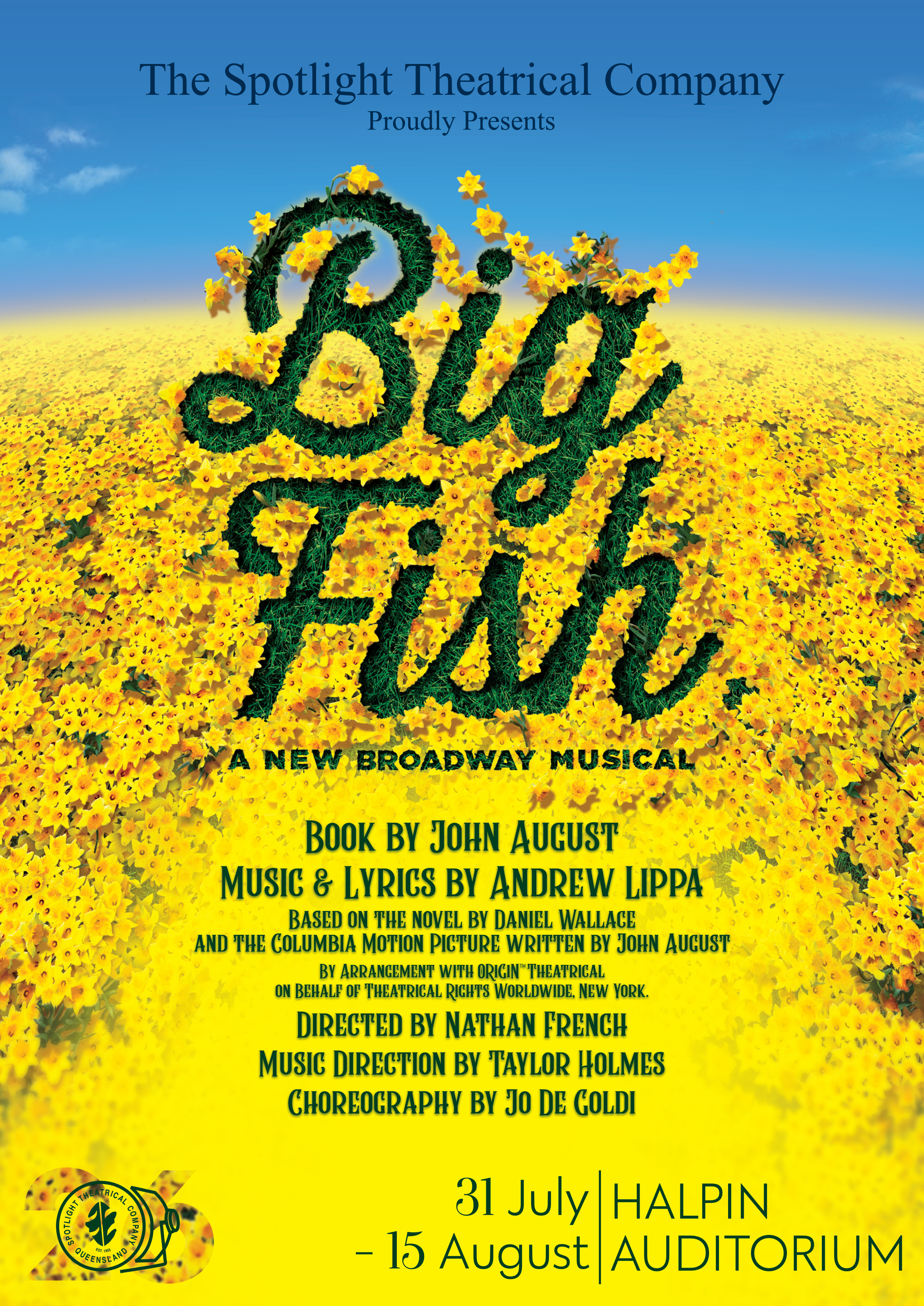 Poster for the musical 'All Shook Up' presented by The Spotlight Theatrical Company, featuring a background of yellow flowers, a blue sky, and text providing details about the production, including dates, location, and creative team.