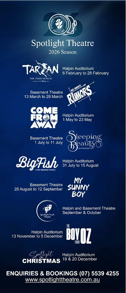 Spotlight Theatre 2026 season schedule featuring upcoming productions 'Sleeping Beauty', 'Big Fish', 'My Sunny Boy', 'The Boy from Oz', and 'Christmas'.