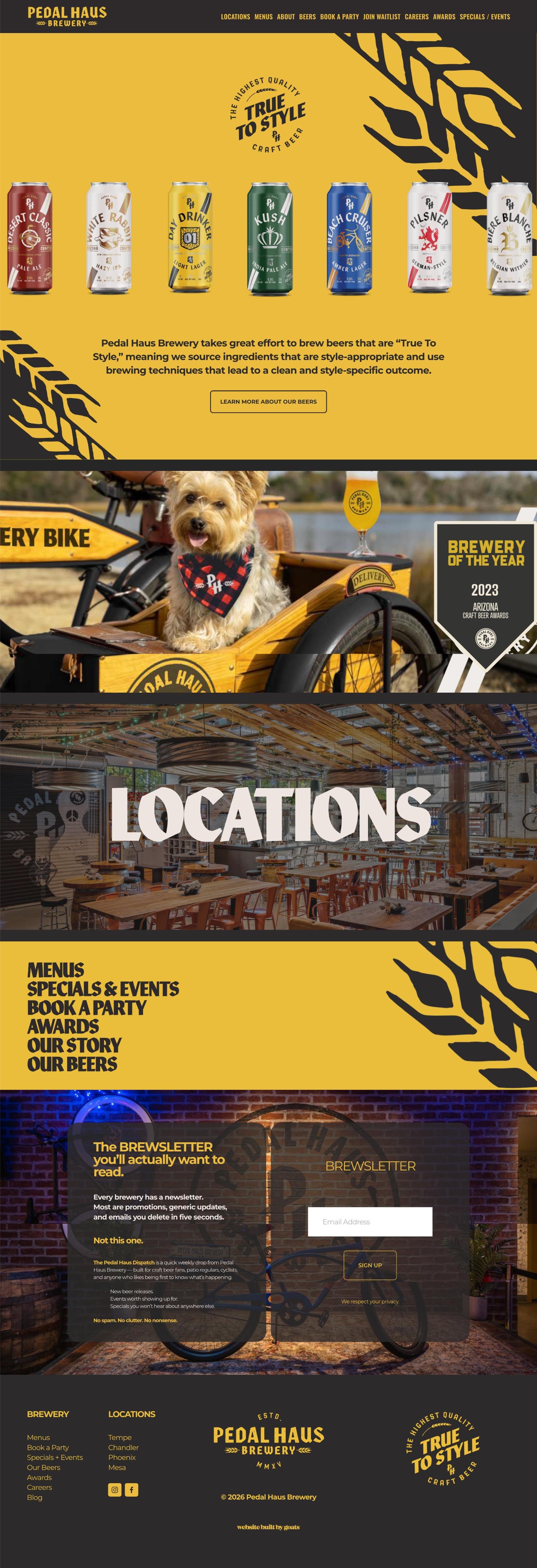 Website homepage of Pedal Haus Brewery featuring a row of colorful craft beer cans, a dog in a bicycle basket wearing a bandana, an indoor brewery space with rustic decor, and a newsletter signup form with a bicycle graphic.