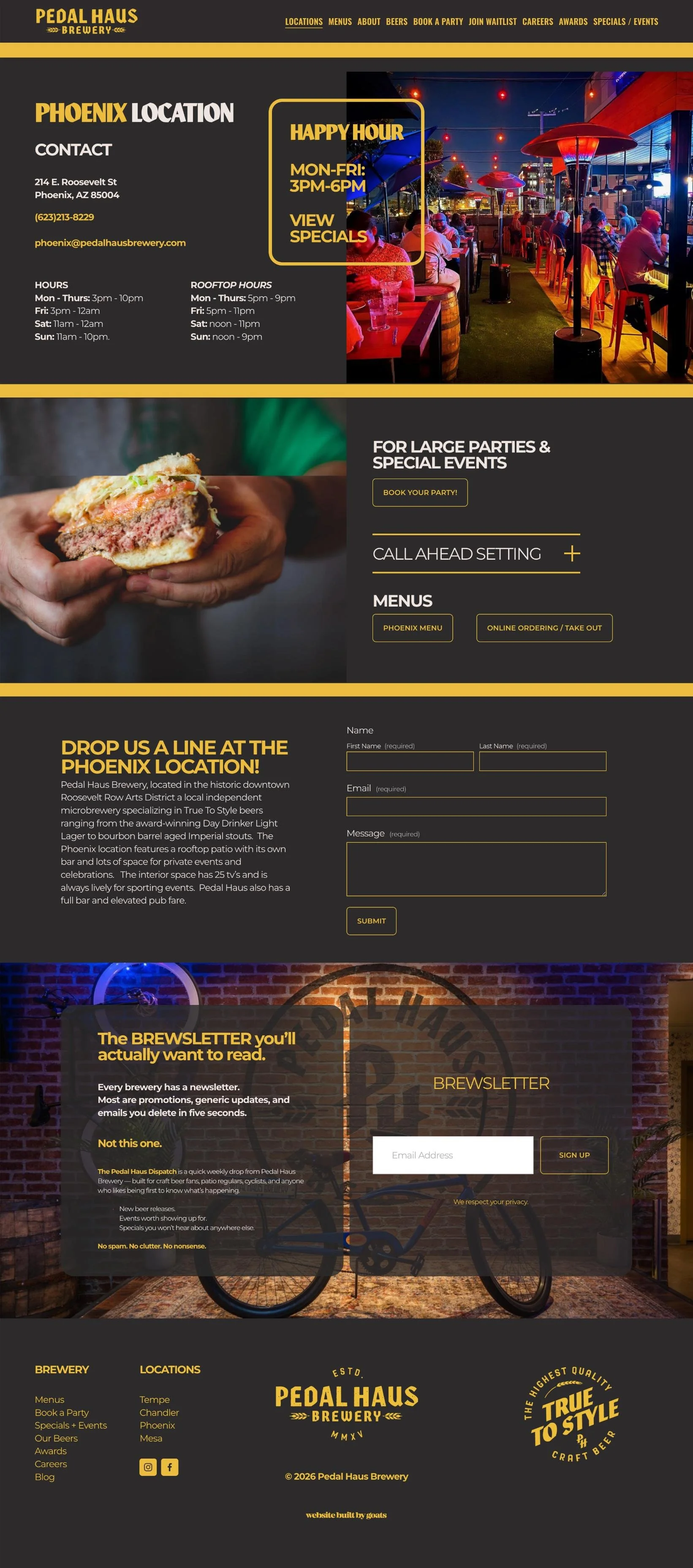 A web page layout for Pedal Haus Brewery, featuring information about location, hours, menu, events, and newsletter signup. The page includes a nighttime outdoor seating area with string lights and umbrellas, a close-up of a burger, and a bicycle logo background.