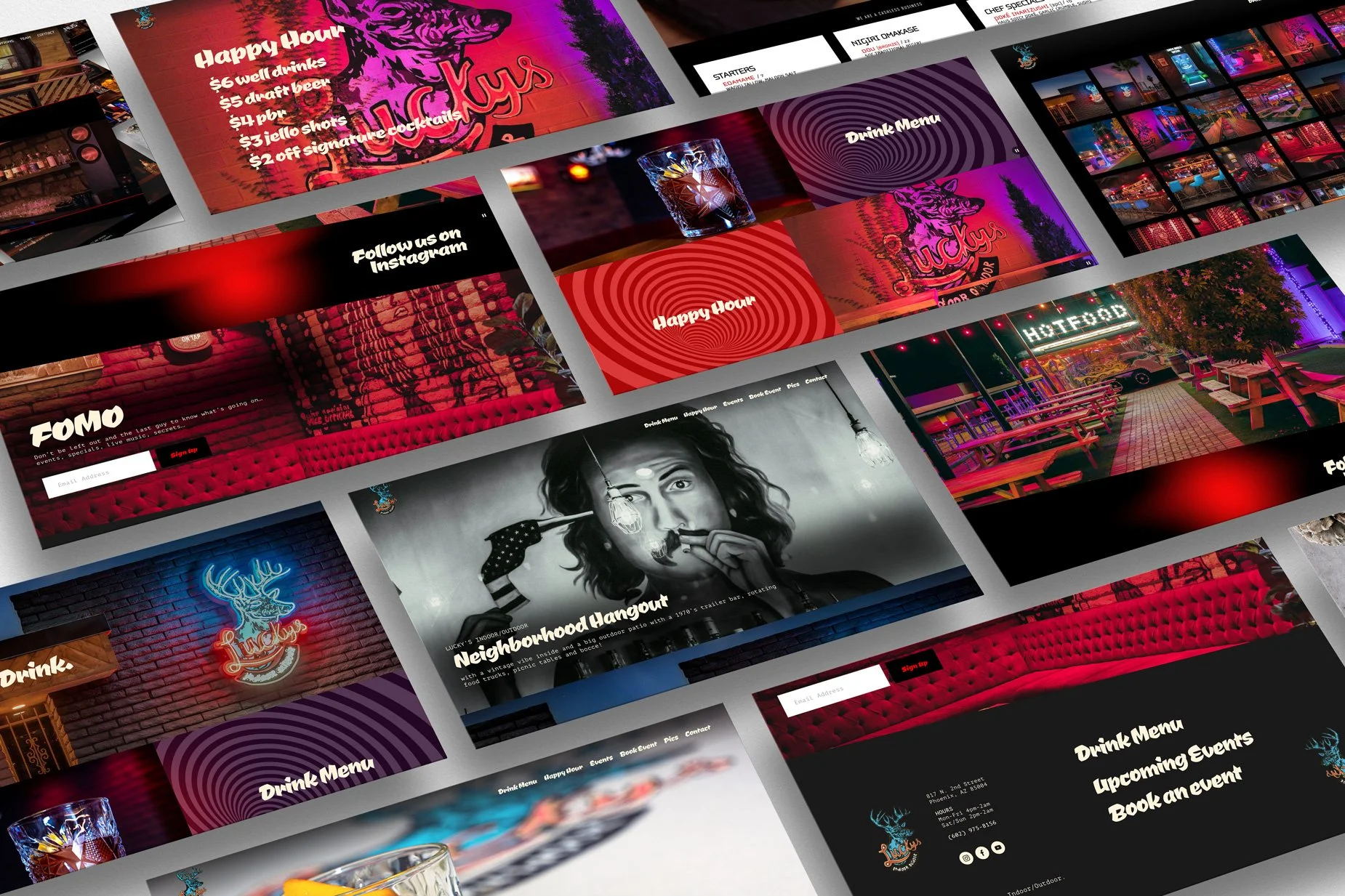 A collage of restaurant and bar website screens with neon signs, menu items, drink images, and promotional graphics, featuring dark and vibrant color schemes.