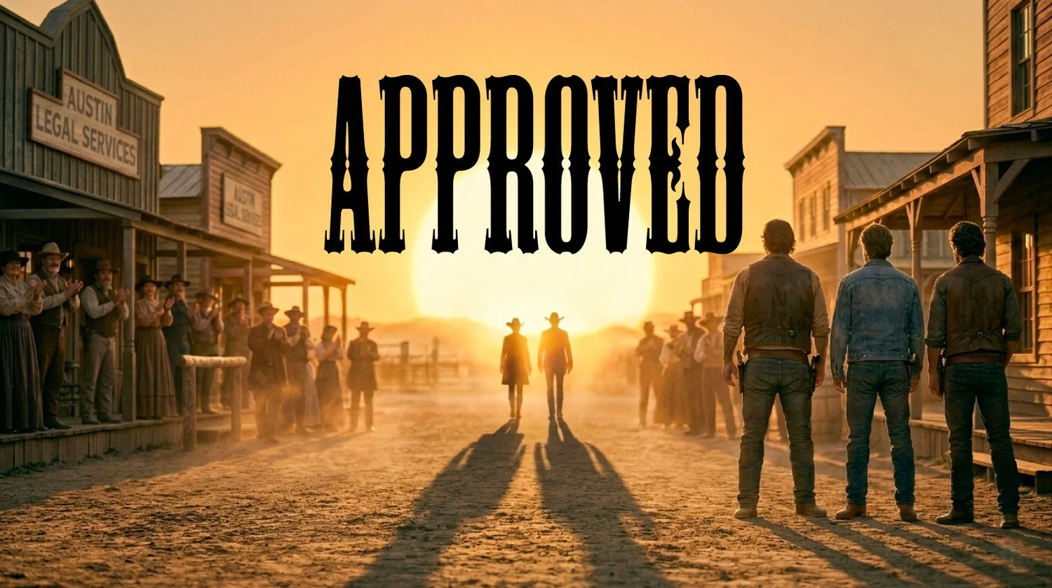 AI commercial still from a Goat Sites film: a sunlit western street with the word APPROVED