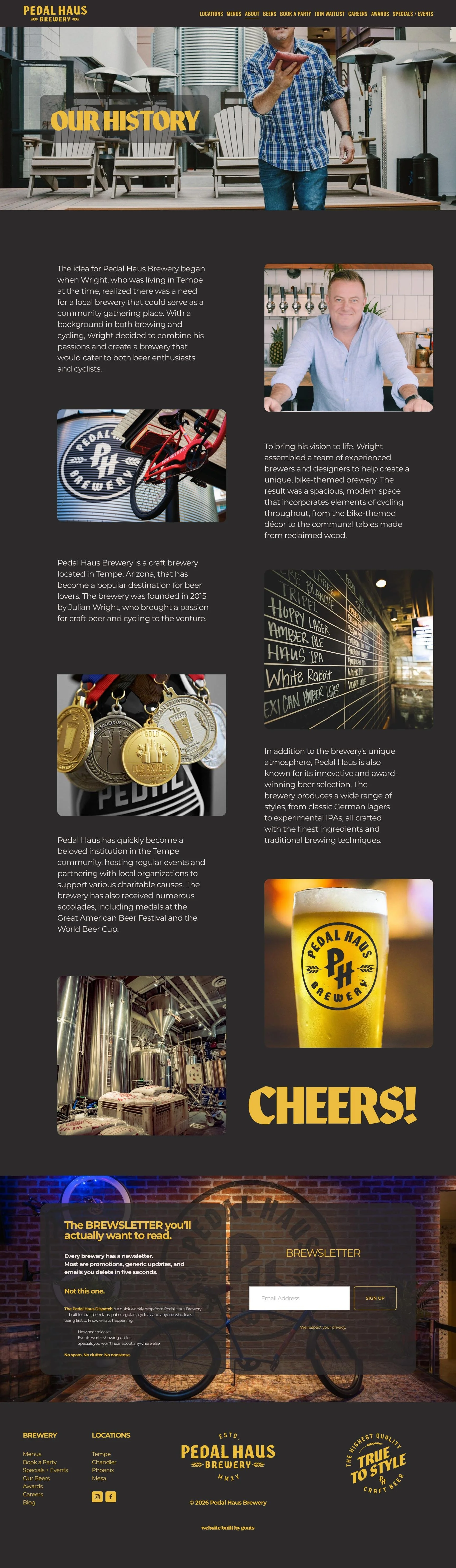 A webpage about Pedal Haus Brewery's history, featuring images of a man at the brewery, a person smiling at the bar, a bicycle with a logo, medals, a brewery interior, a glass of beer with Pedal Haus logo, and a newsletter sign-up section.