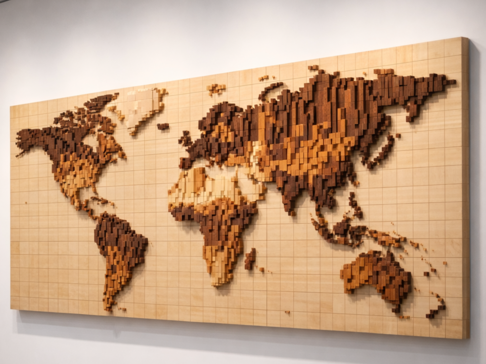 Data-driven wood relief wall art constructed from solid hardwood in a calibrated grid pattern.