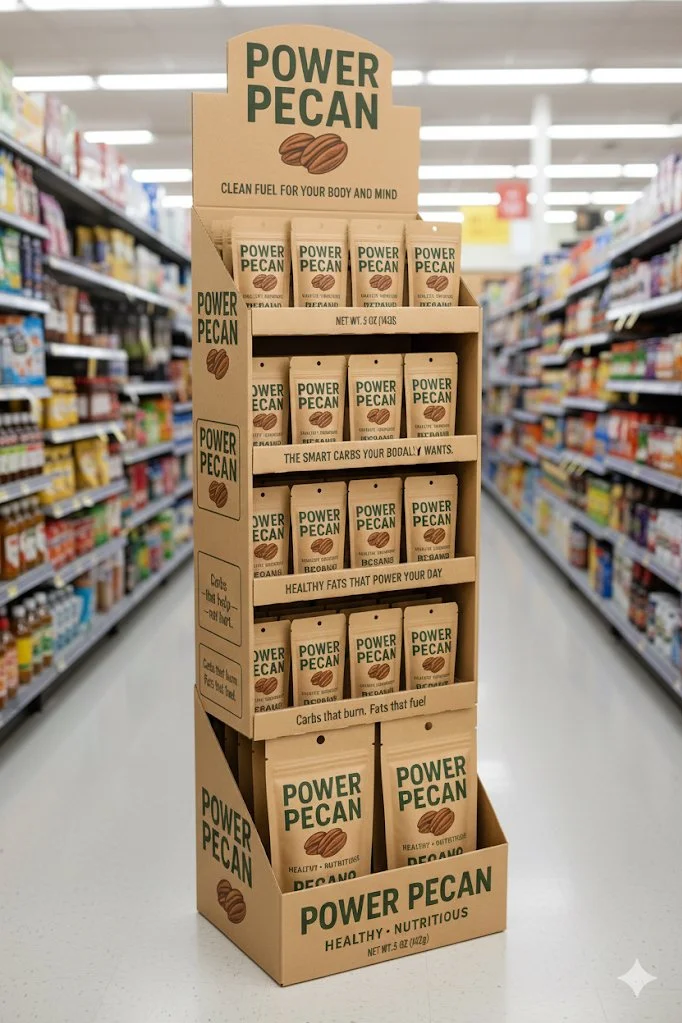 Display stand in a store aisle promoting Power Pecan, a healthy snack with nutty flavor, featuring packages with the label and slogan about health and nutrition.