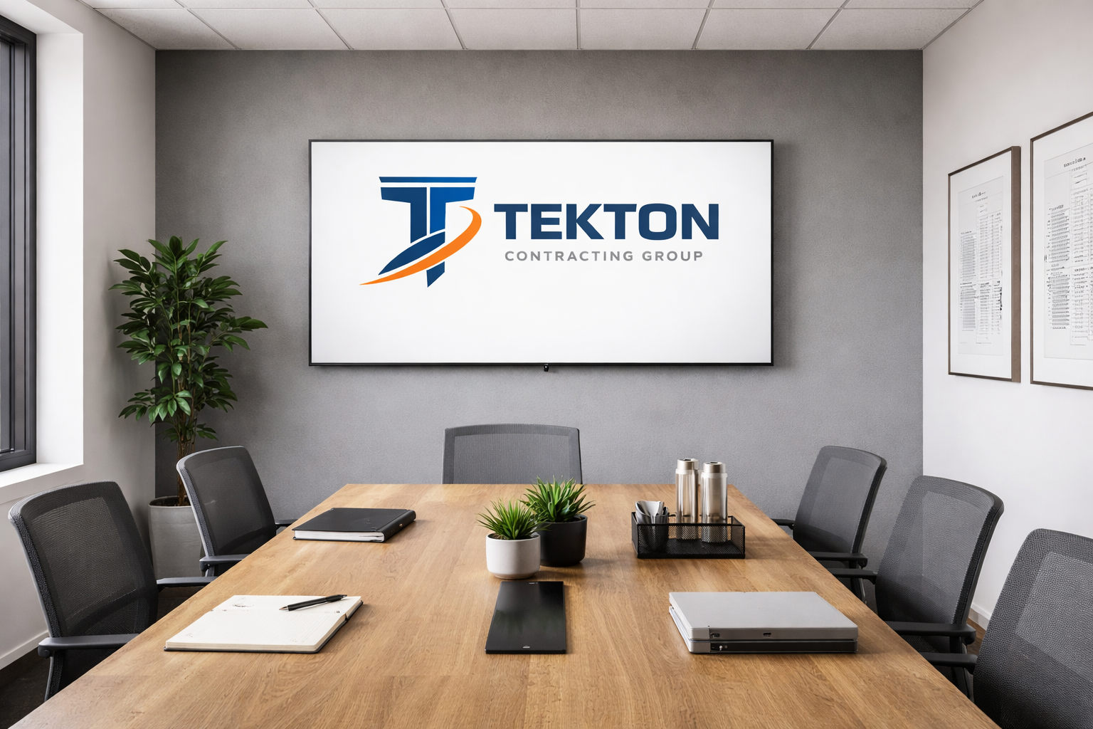 Empty conference room with a wooden table, black mesh chairs, potted plants, notebooks, water bottles, and a large screen displaying Tekton Contracting Group logo.