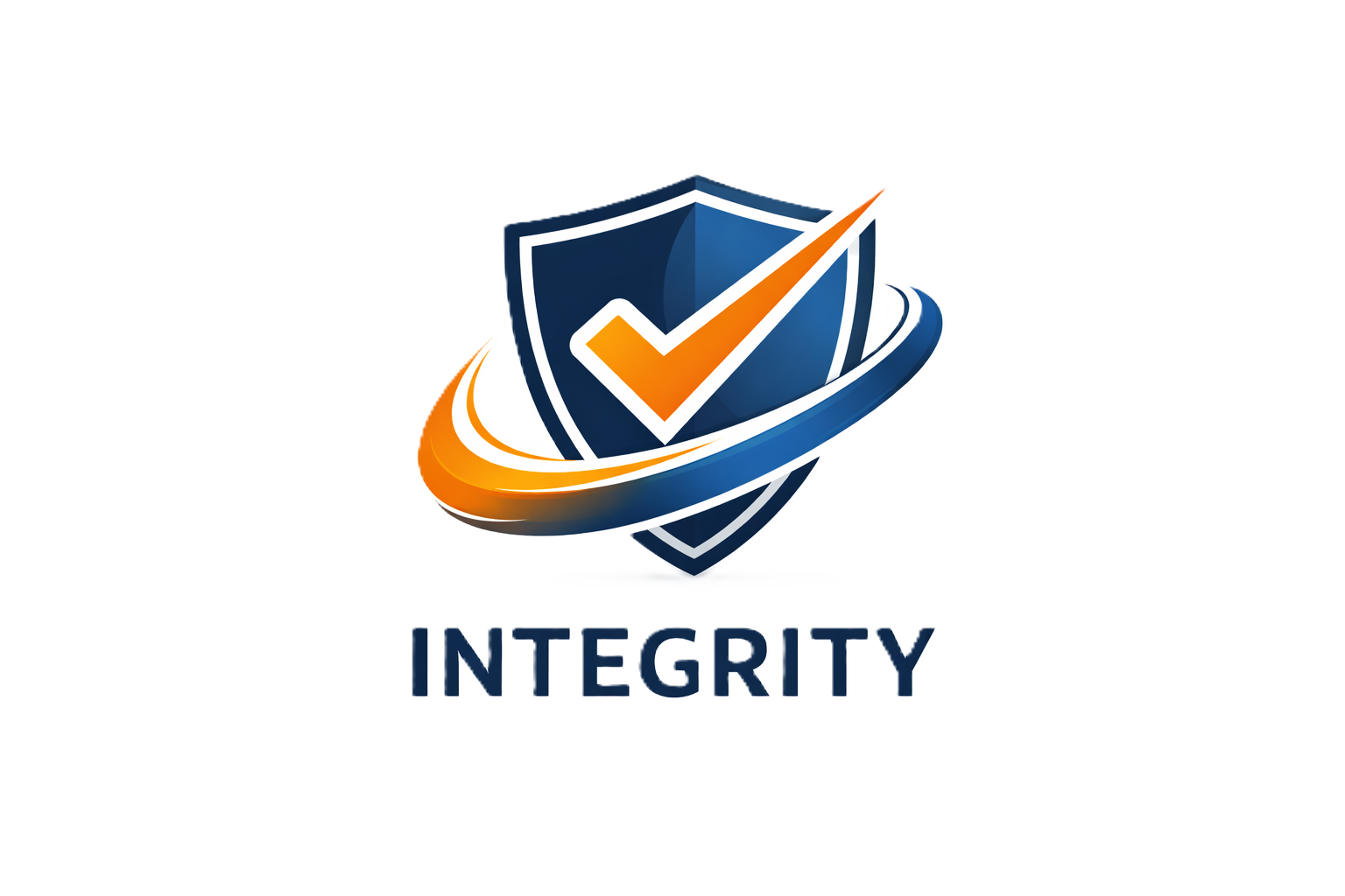 A logo featuring a shield with a checkmark, encircled by a swooping orange and blue ring, with the word 'INTEGRITY' beneath.