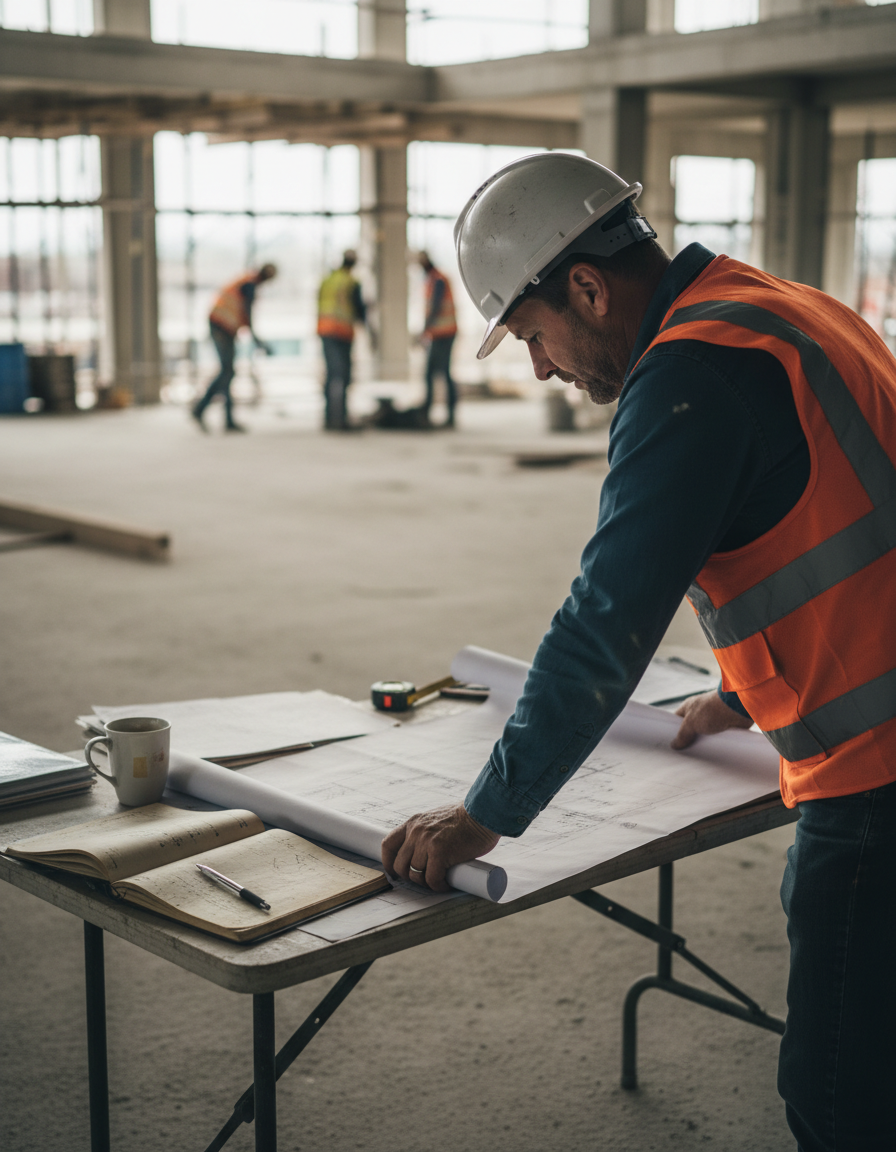 A construction worker wearing a hard hat and safety vest looking at blueprints on a table inside a large, unfinished building with other workers in the background.