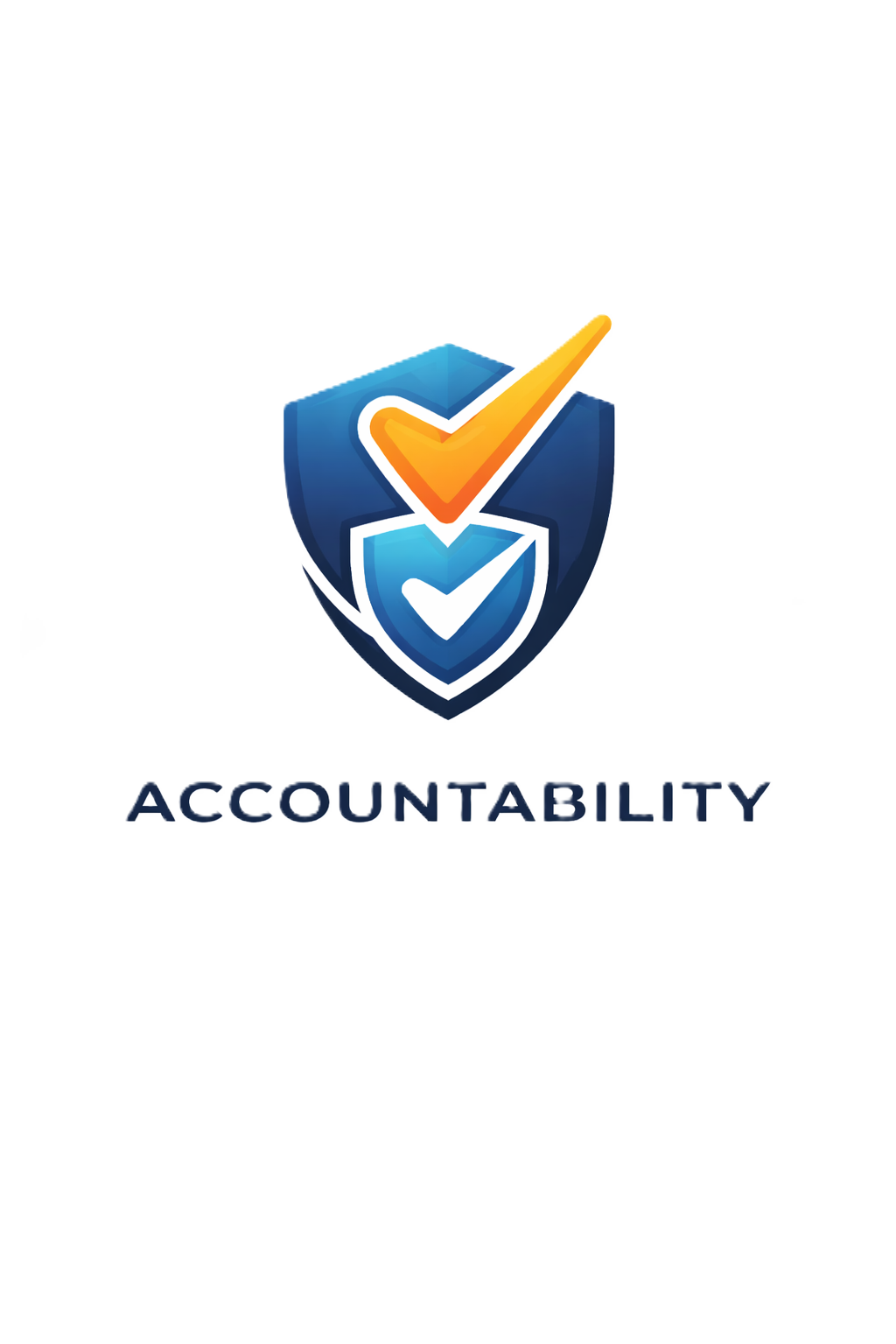 An emblem with a shield featuring two checkmarks, one orange and one white, with the word 'ACCOUNTABILITY' written below.