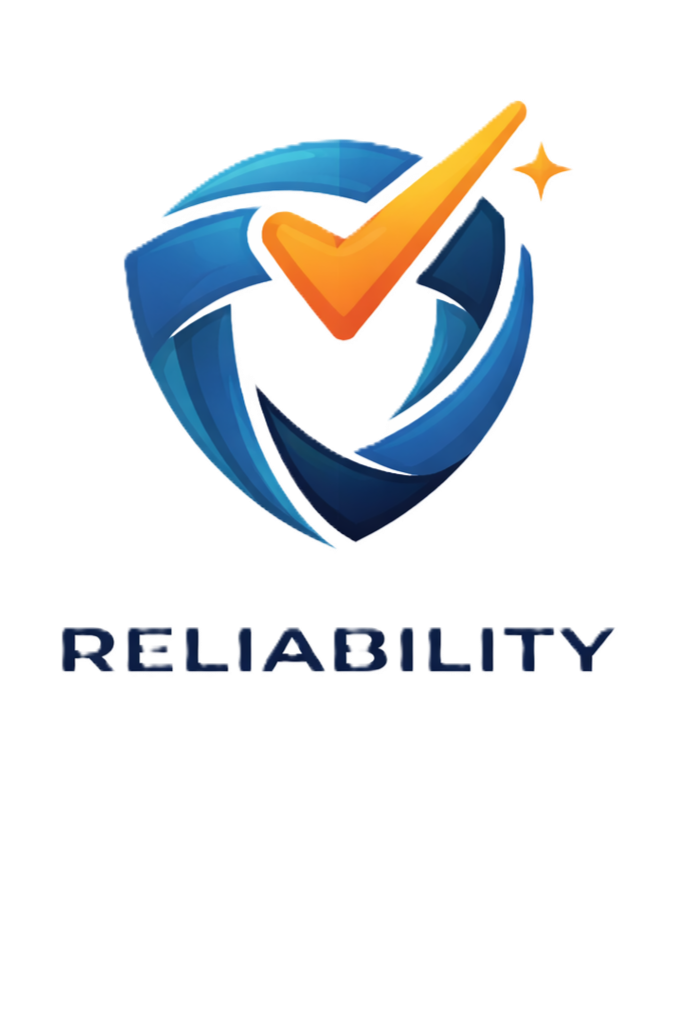 A shield with a checkmark inside, surrounded by swirling blue ribbons, and a small star on the checkmark's upper right. Below, the word "RELIABILITY" is written in bold, capital letters.