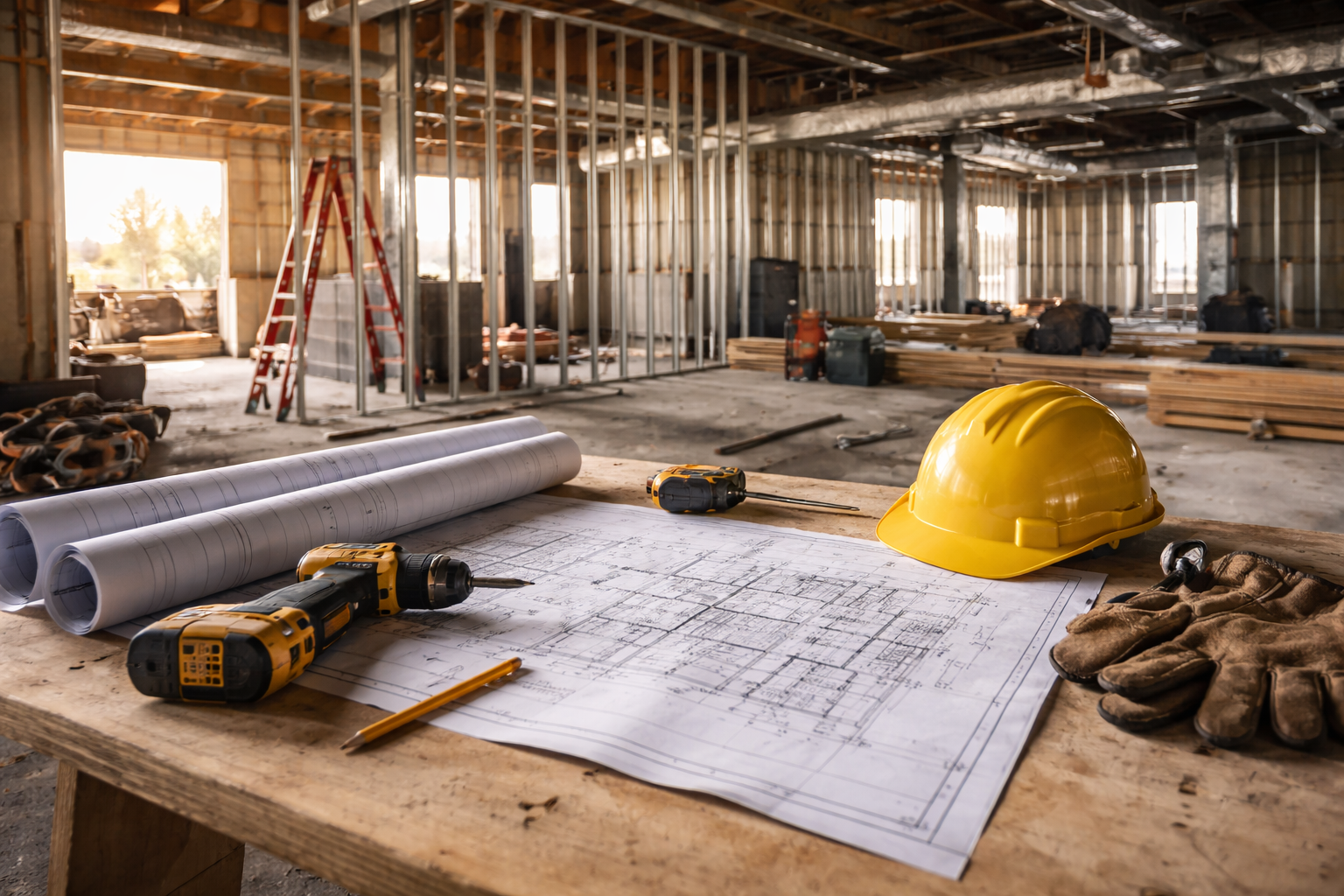 Construction site with blueprints, a yellow hard hat, drill, screwdriver, work gloves, and tools on a wooden table. The unfinished interior with metal framing and stacks of lumber in the background.