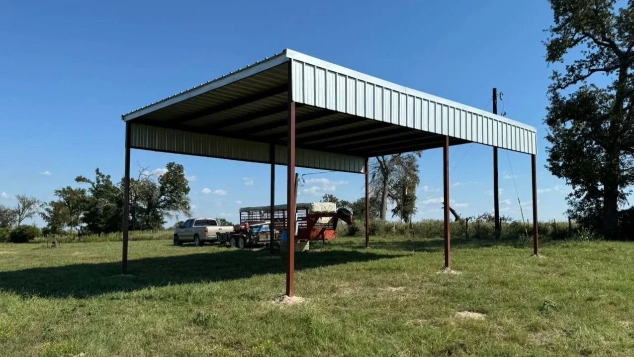 This 24' × 36' RV and equipment cover features a sturdy steel frame and open layout, offering reliable protection for vehicles, trailers, and equipment. 