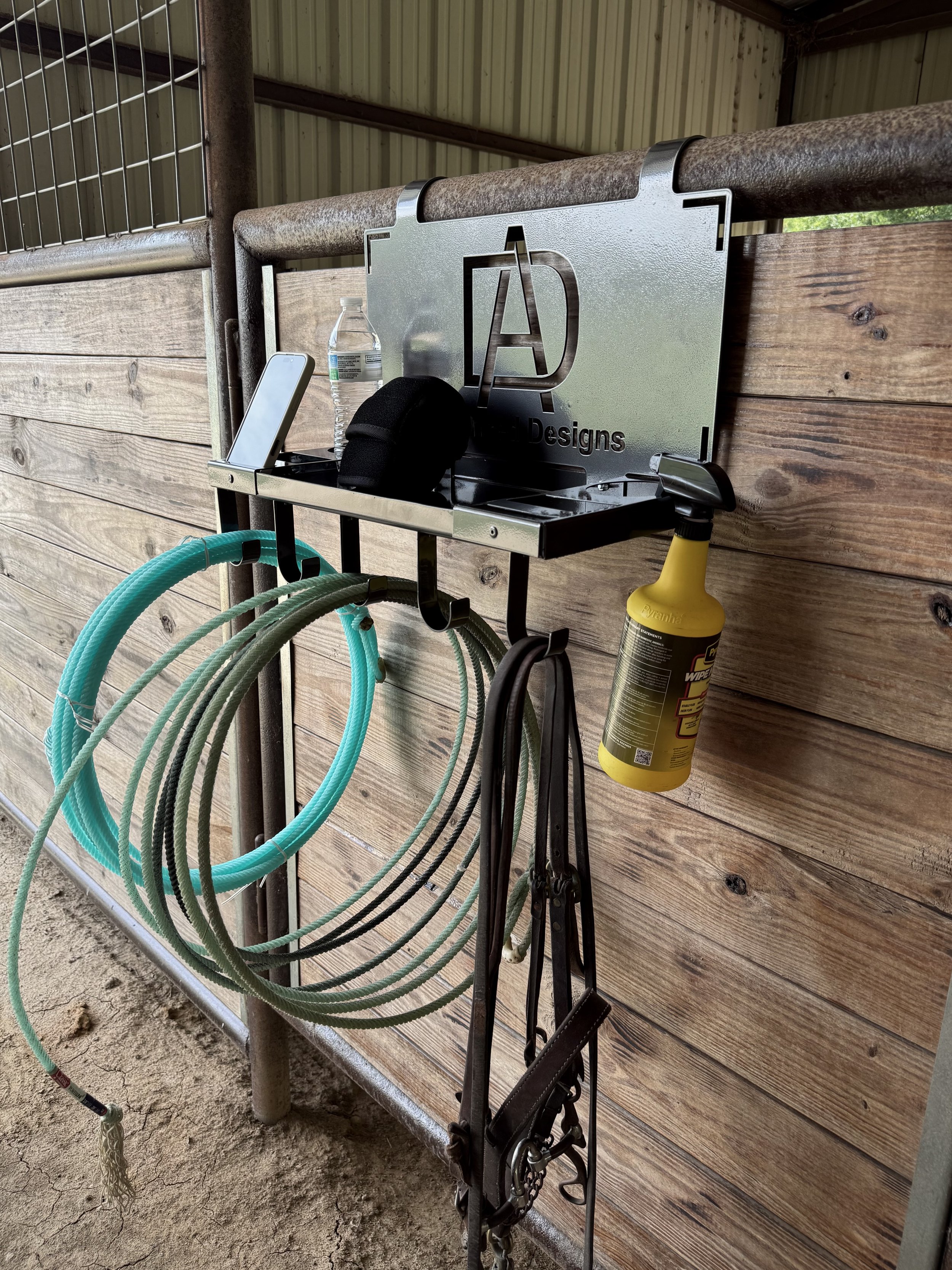 Custom Tack Hanger for Barn, Stall, and Trailer Organization with Storage for Ropes, Tack, and Gear.