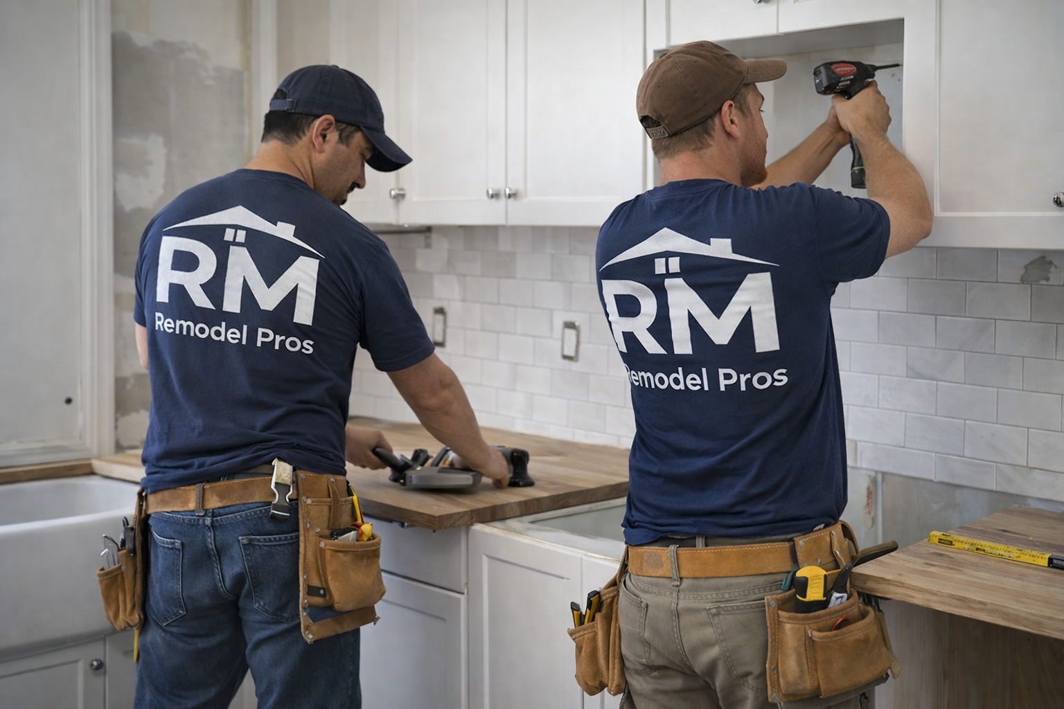 Two remodeling professionals installing kitchen cabinets, wearing matching navy blue T-shirts with 'RM Remodel Pros' logo, tools in tool belts, working on cabinet installation.