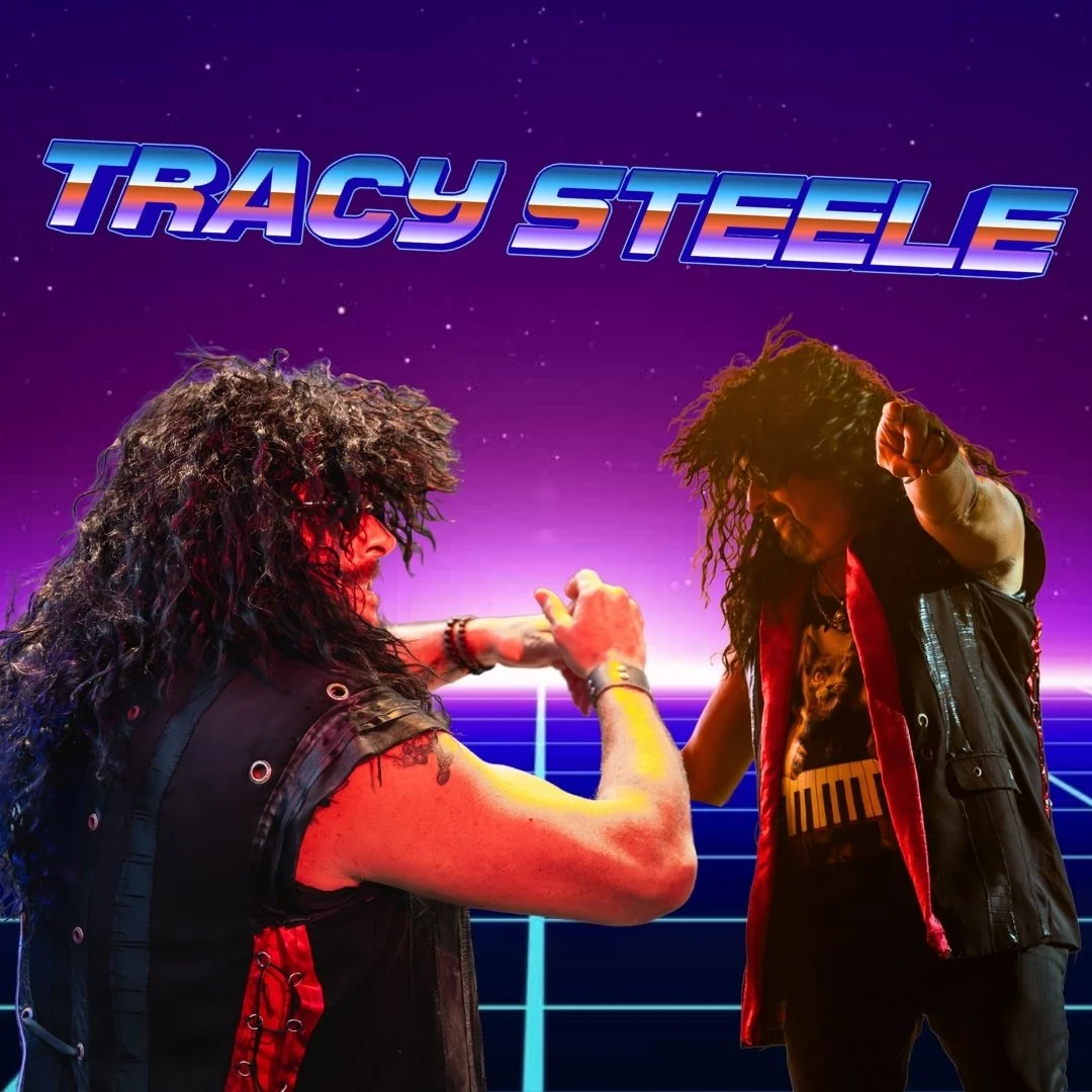 A retro-style digital artwork featuring two men with curly hair arm wrestling against a grid with a starry night sky background and the name 'Tracy Steele' in colorful 1980s font at the top.