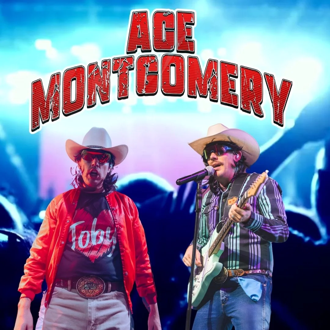 Two men dressed as country musicians performing on stage with a backdrop reading "AGE MONTGOMERY" in large red letters.