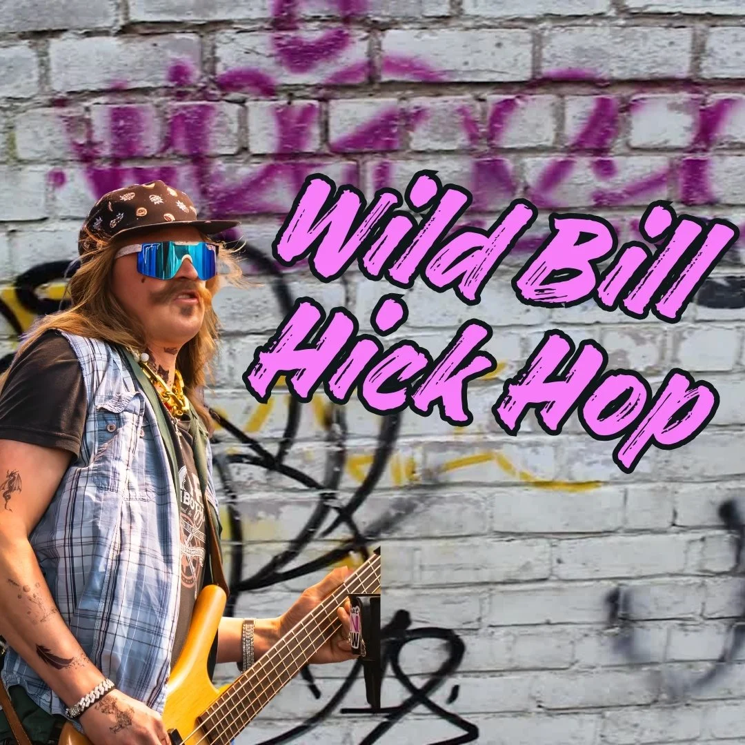 Graffiti wall with purple spray paint and a person dressed as a wild west cowboy playing electric bass guitar, wearing sunglasses, a hat, and tattoos, with the text "Wild Bill Hick Hop" in bold purple and black font over the image.