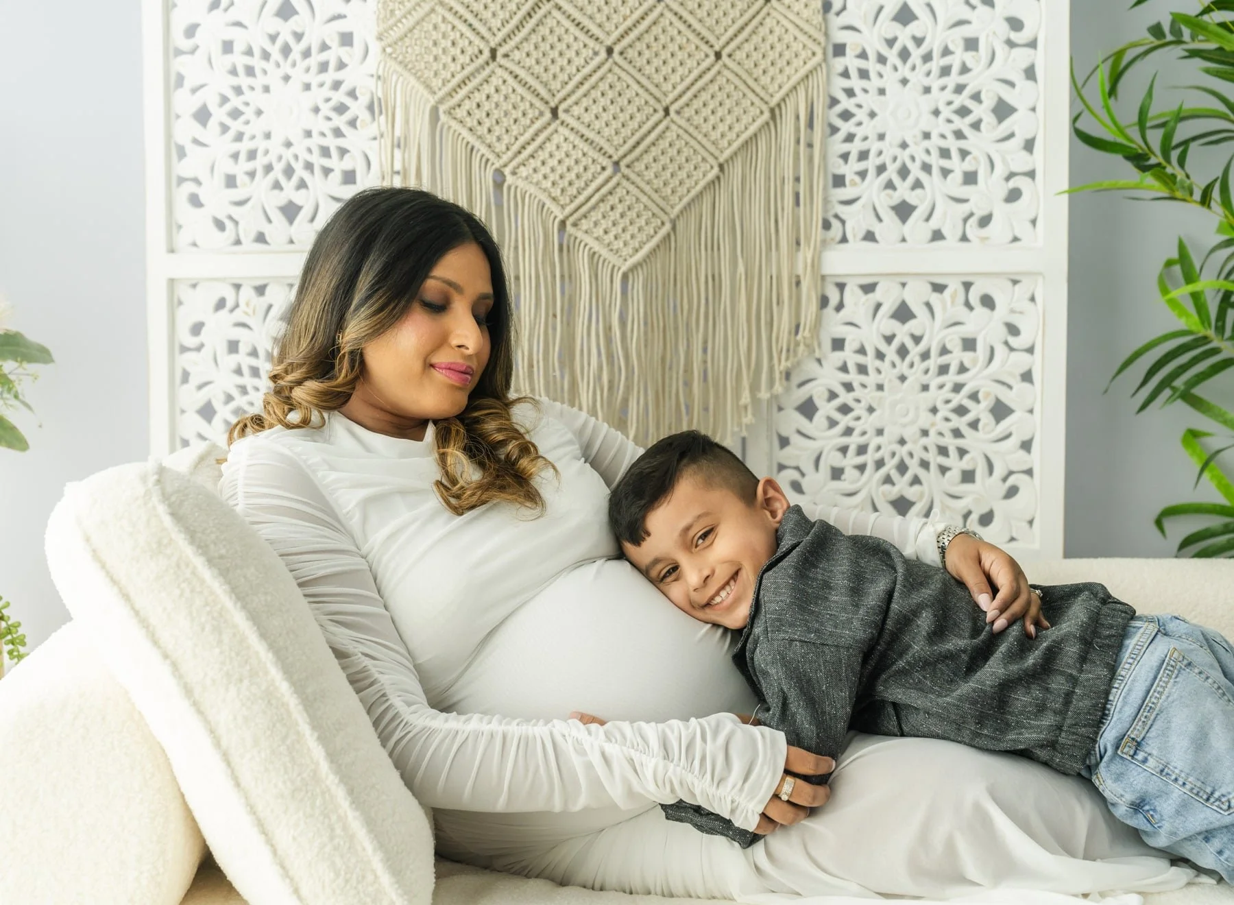 Expectant mother and son maternity portrait at Bishopdale photography studio