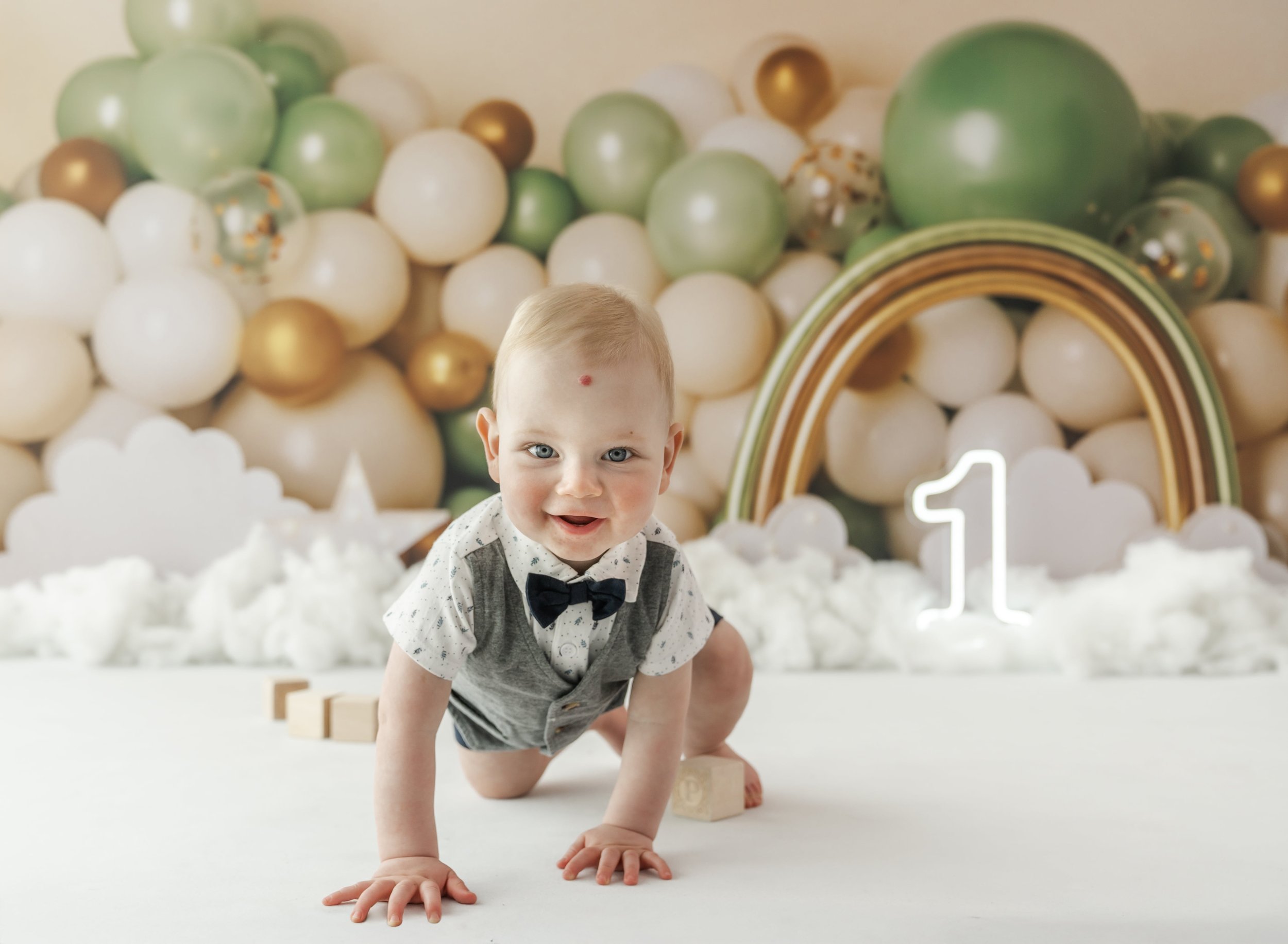 Crawling baby at first birthday milestone photo session in Canterbury NZ