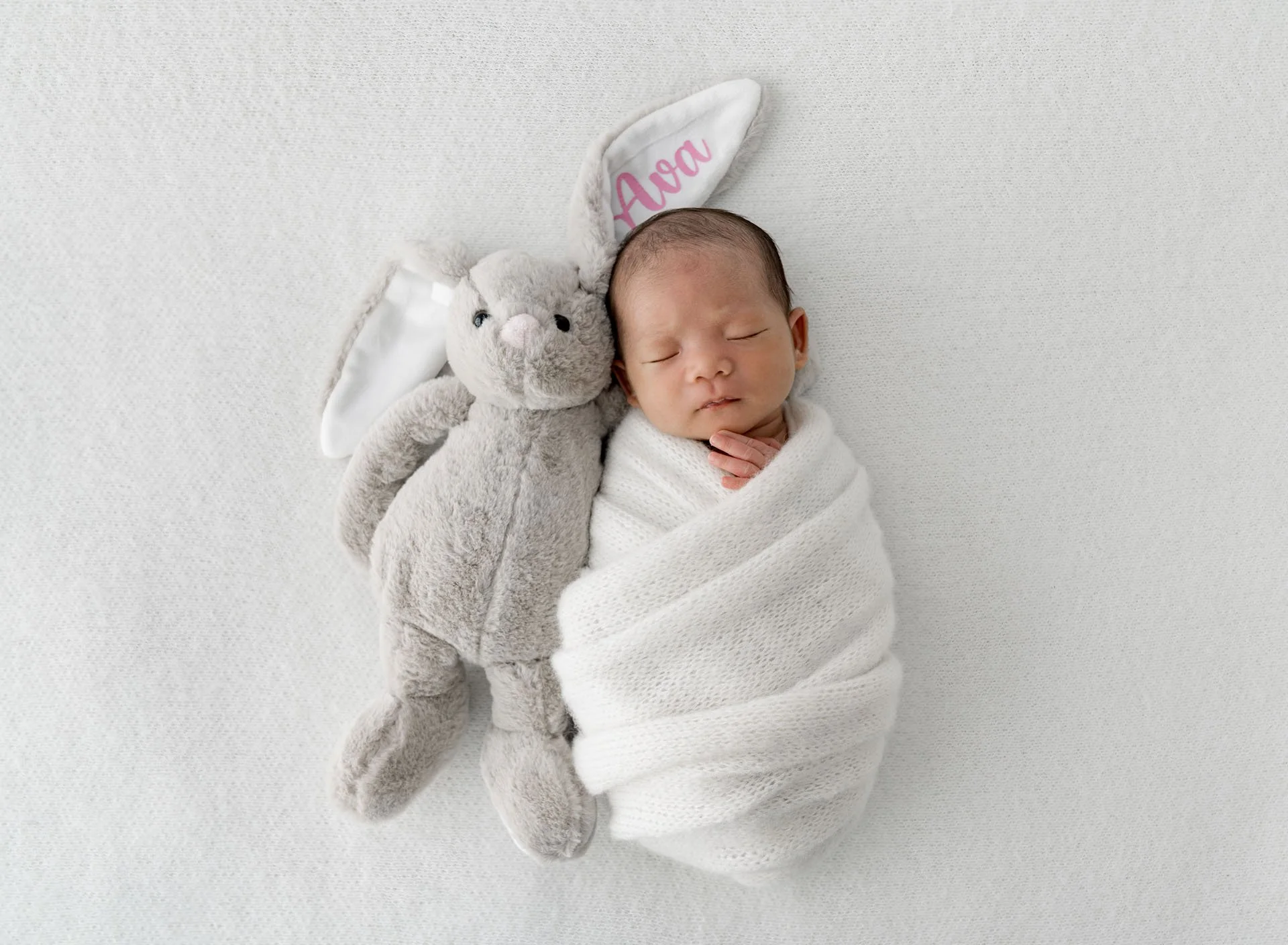 Newborn mini session featuring baby wrapped comfortably with special cuddly toy for photography