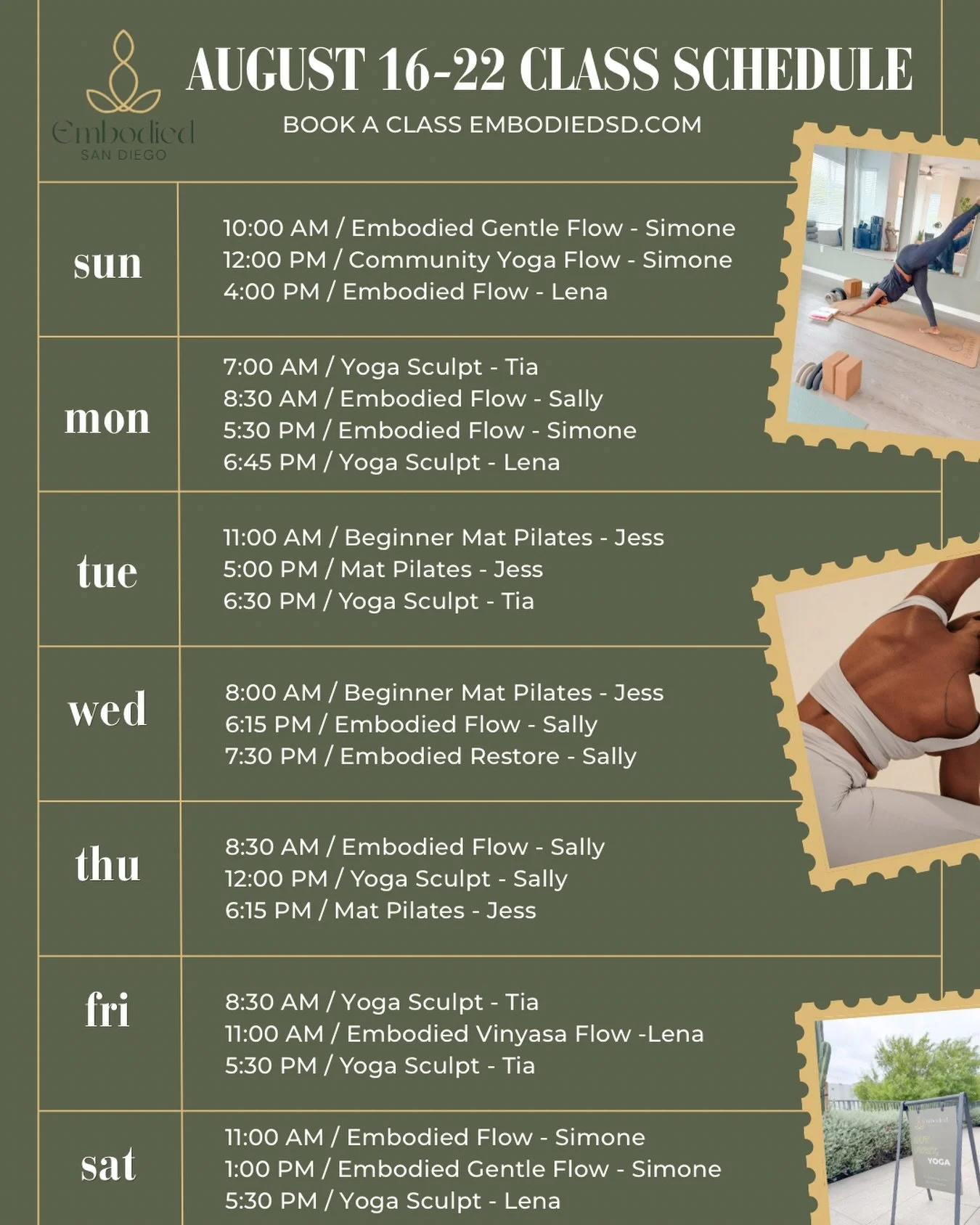 Calling everyone in San Diego and Mission Valley! 📢

We&rsquo;d love to welcome you into our studio. Join us for a yoga, sculpt, or pilates class this week at 5075 Camino De La Siesta Unit 242.

Here&rsquo;s your look at this week&rsquo;s classes! W