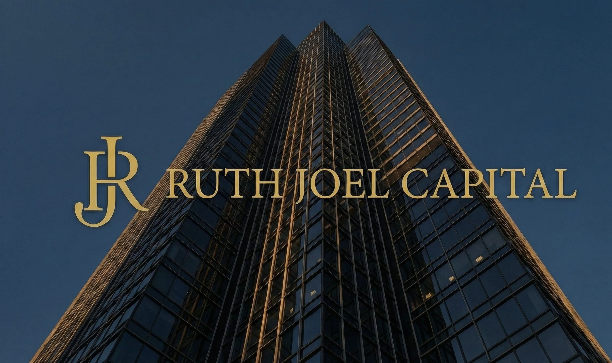 Tall modern glass skyscraper with reflections against a blue sky, with text 'RUTH JOEL CAPITAL' and initials 'RJC' overlayed.