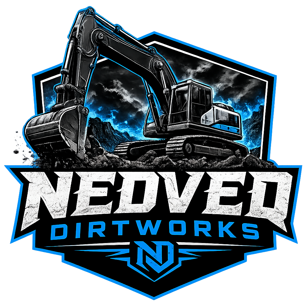 A graphic logo for Nedvedo Dirtworks features a black excavator against dark cloudy sky with mountains in the background, with bold text reading 'Nedvedo Dirtworks' and a stylized 'N' emblem.