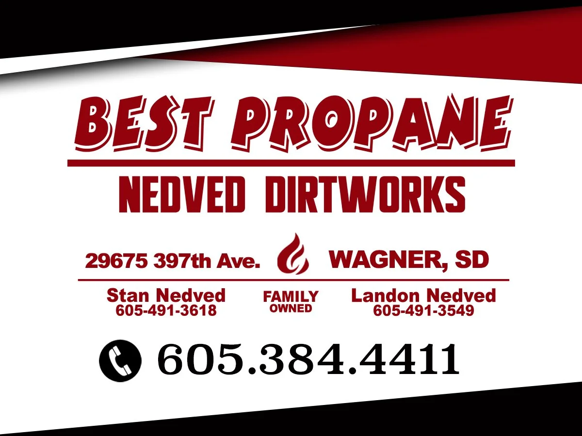 Business card for Nedved Dirtworks, located at 29675 397th Ave in Wagner, SD. Specializes in propane services, family owned, contact numbers for Stan Nedved and Landon Nedved, with the phone number 605-384-4411.
