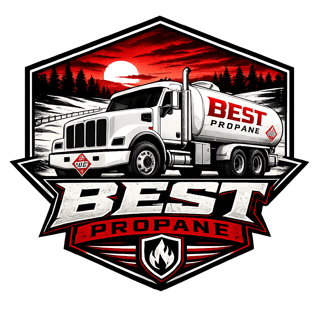 Graphic design featuring a propane delivery truck with the text "Best Propane" on the tank, set against a scenic sunset landscape with trees and snow, and a banner reading "Best Propane" with a flame symbol below.